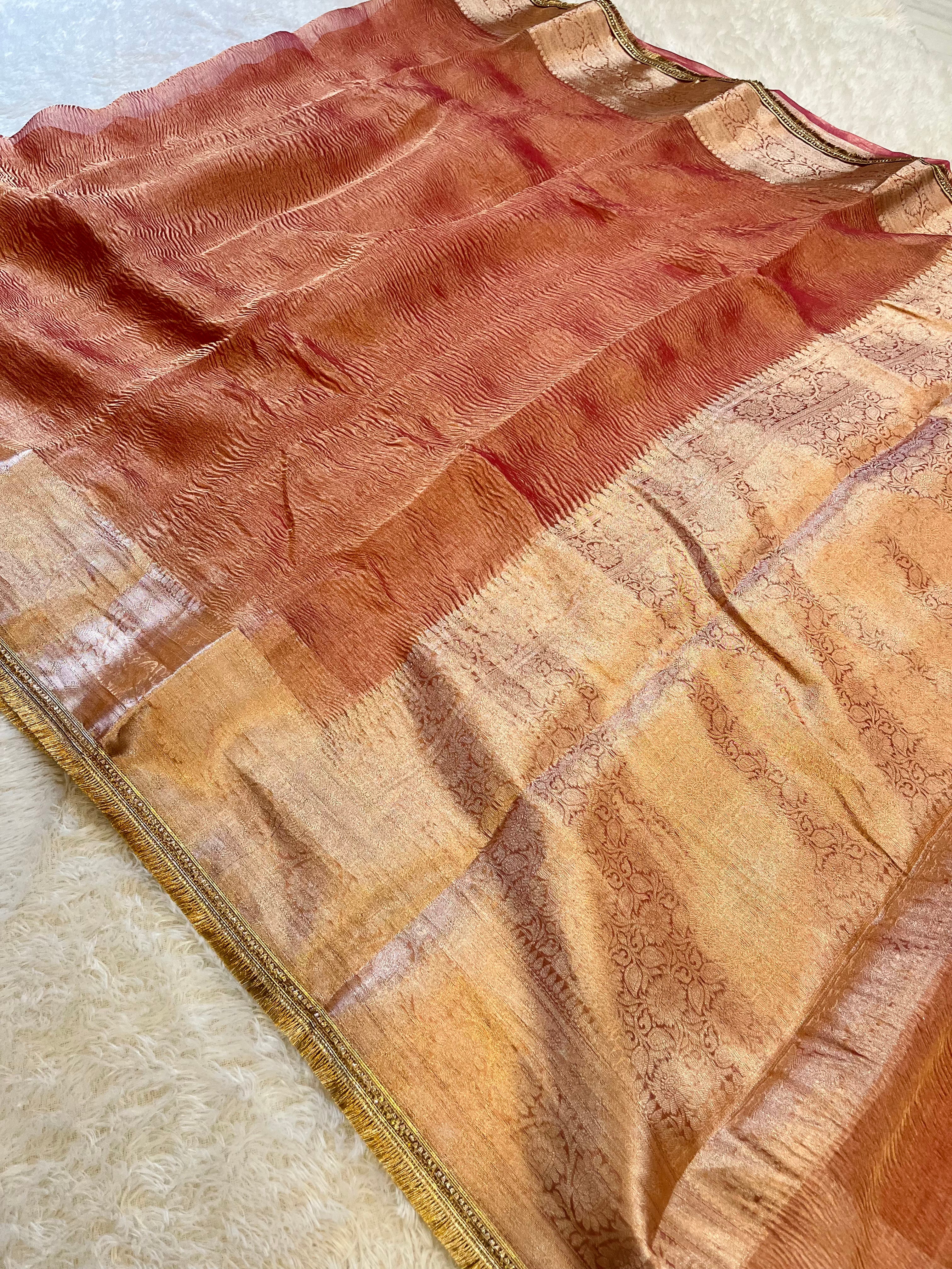 Pure Banarasi Tissue Silk Crush Saree X Onion Pink Colour