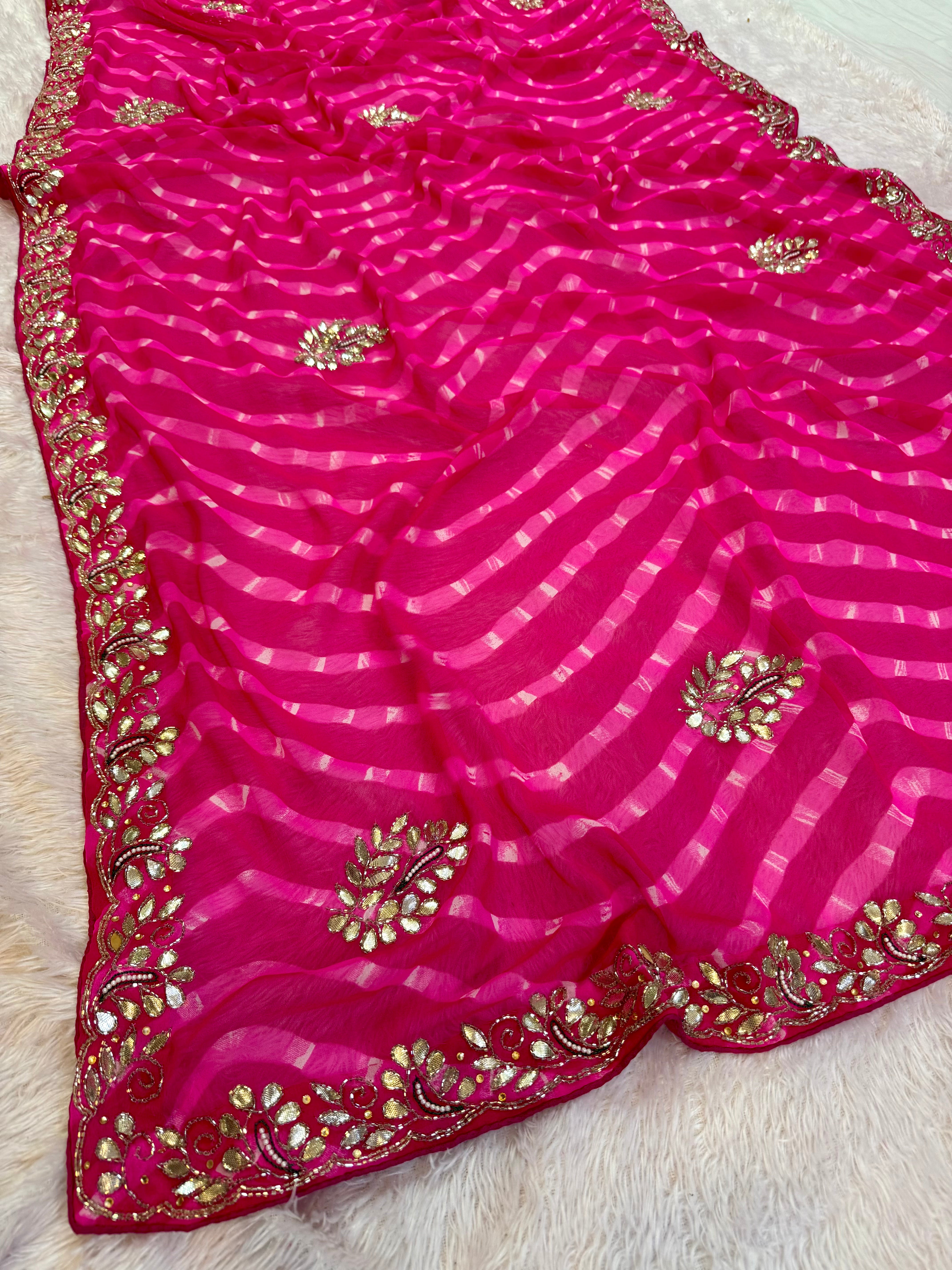 Latest Georgatte Leheriya Mothara Handwork Saree