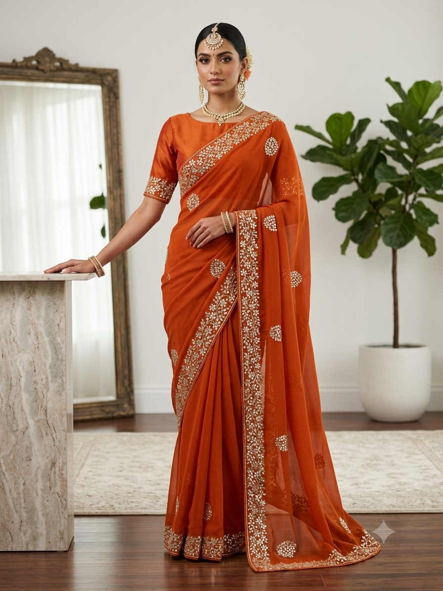 Beautiful Pure Chiffon Saree With Handwork