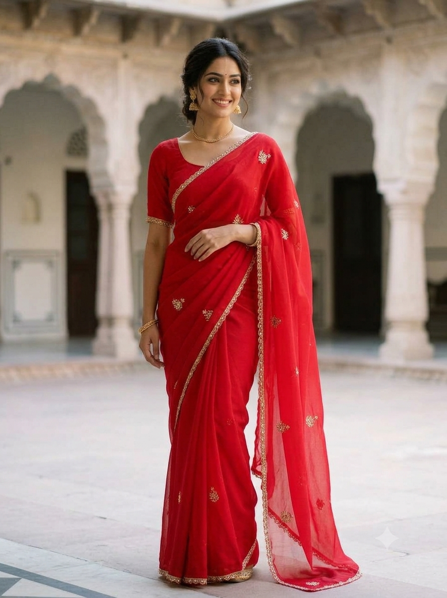 Royal Look Semi Chiffon Saree With Handwork