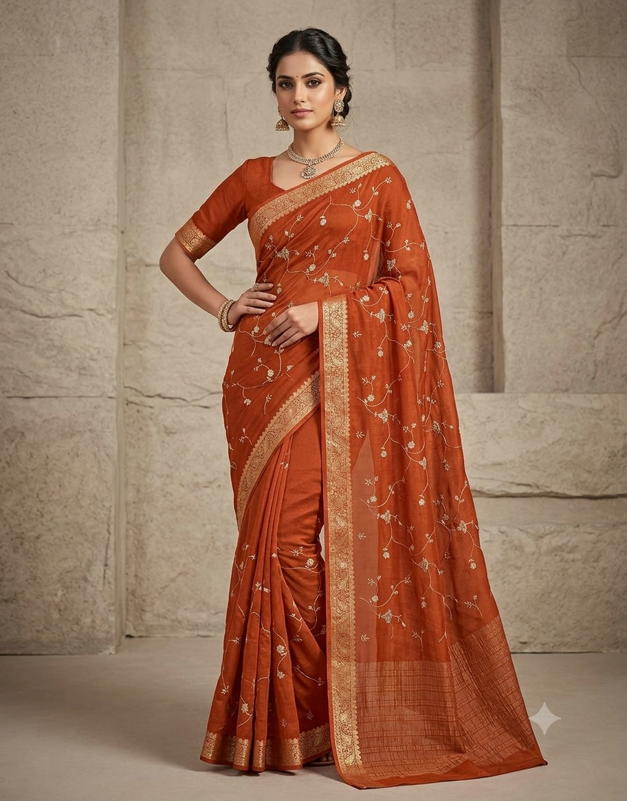 Beautiful Semi Chinon Saree With Zari Work