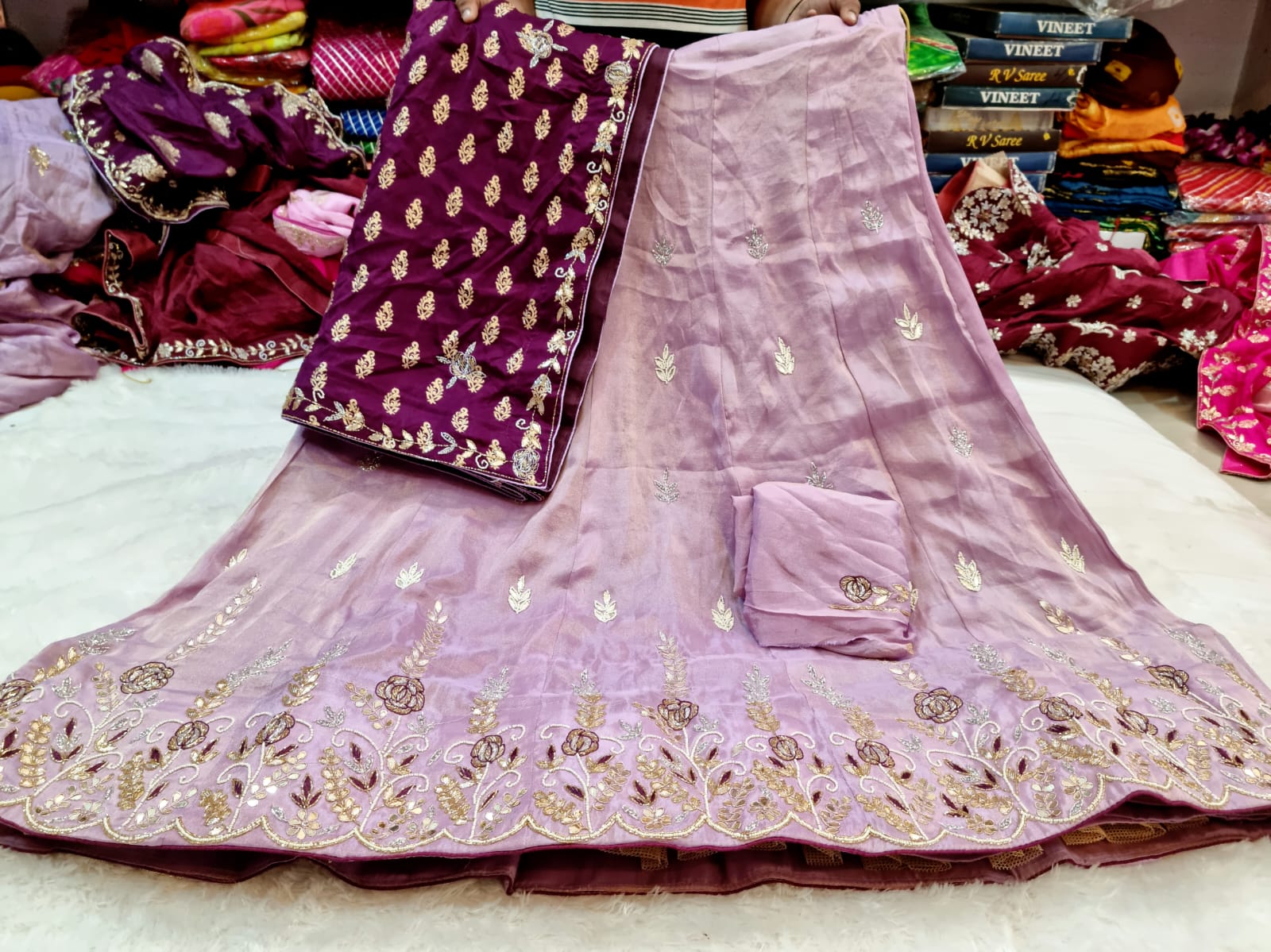 Beautiful Cosmos Fabric Lehenga With Handwork X Dolla Silk Weaving Dupatta