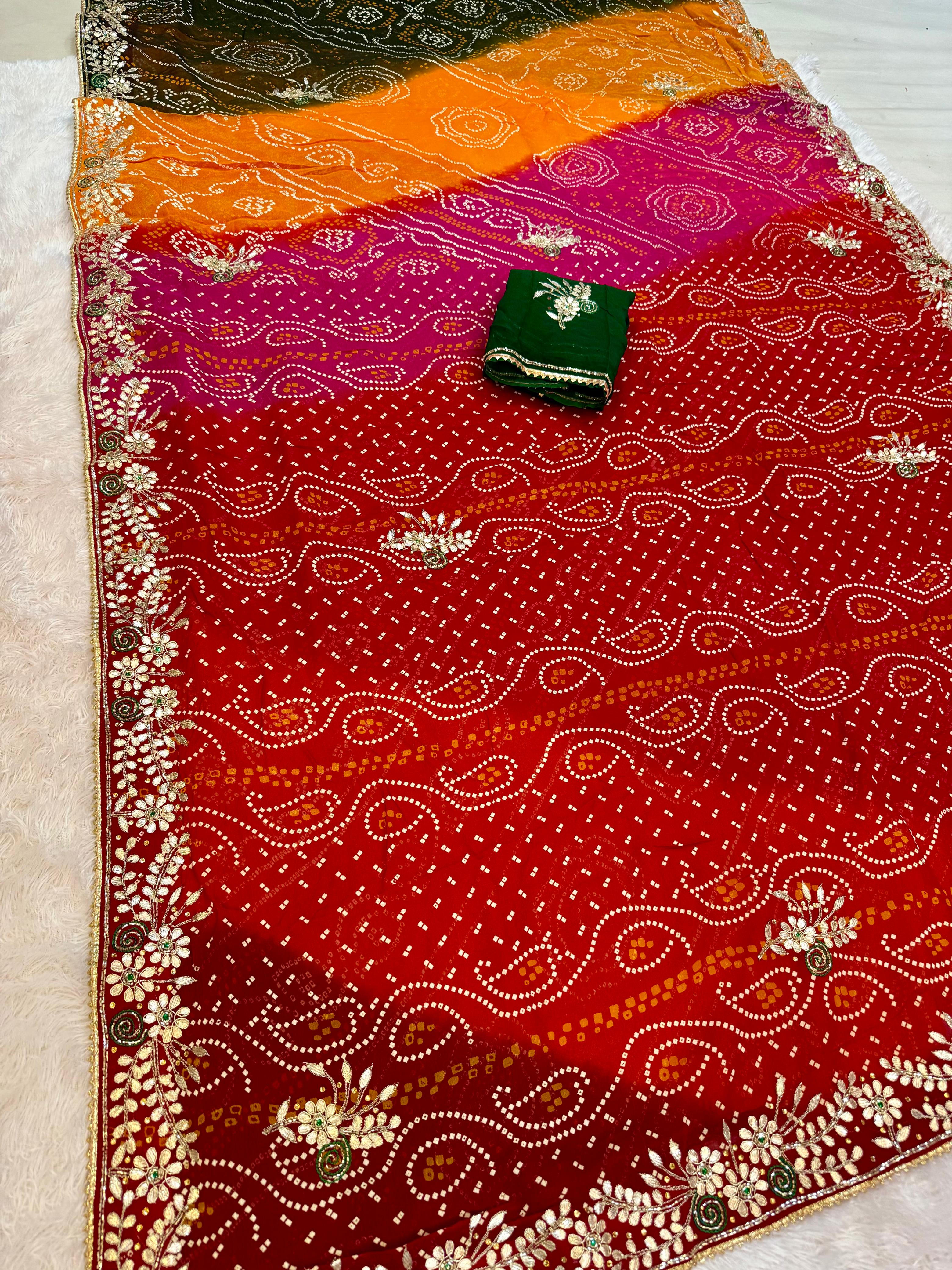 Traditional Pure Viscose Georgette Bandhani Saree With Gottapatti X Handwork