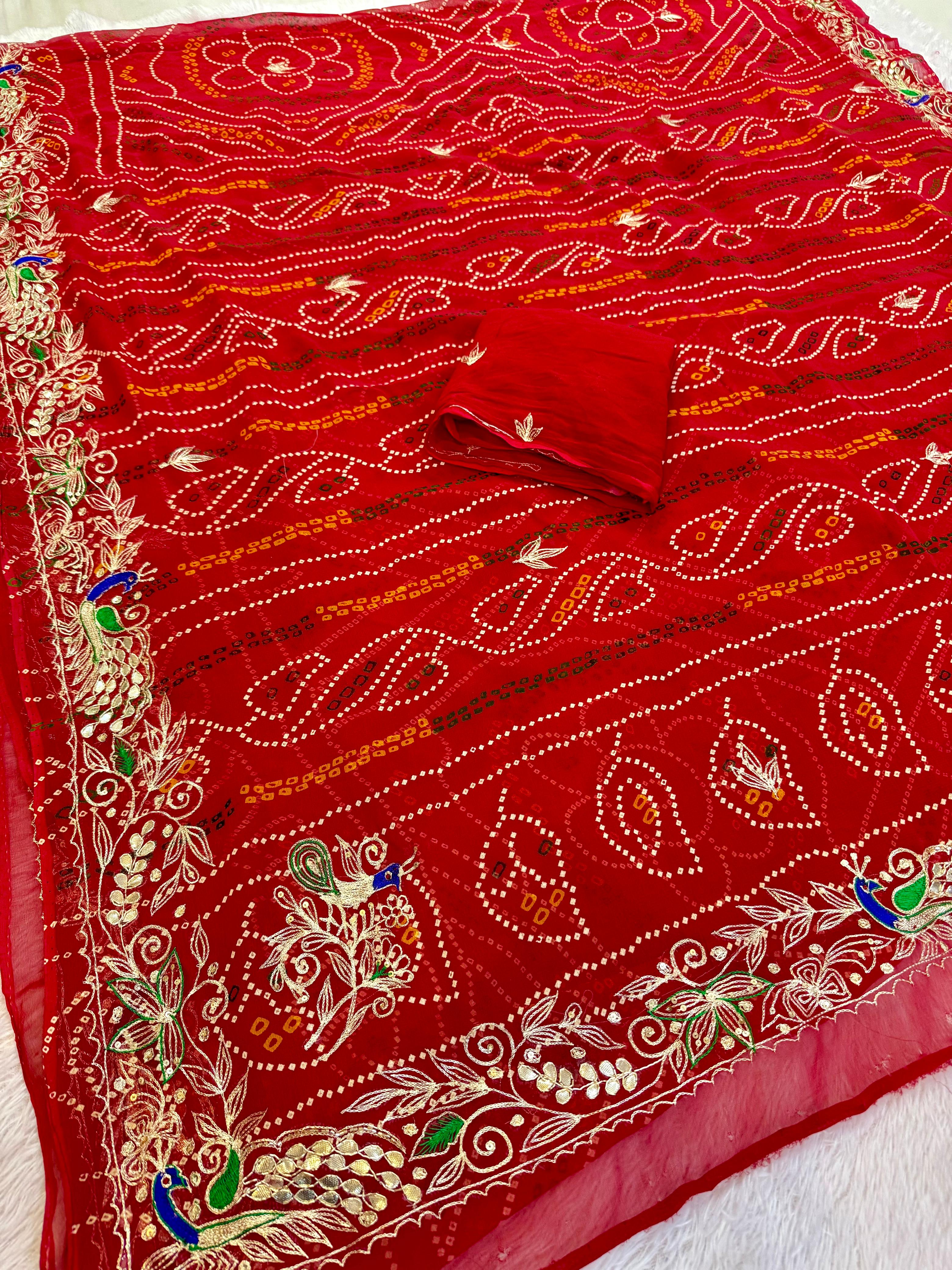 Pure Viscose Georgette Bandhani Saree With Handwork