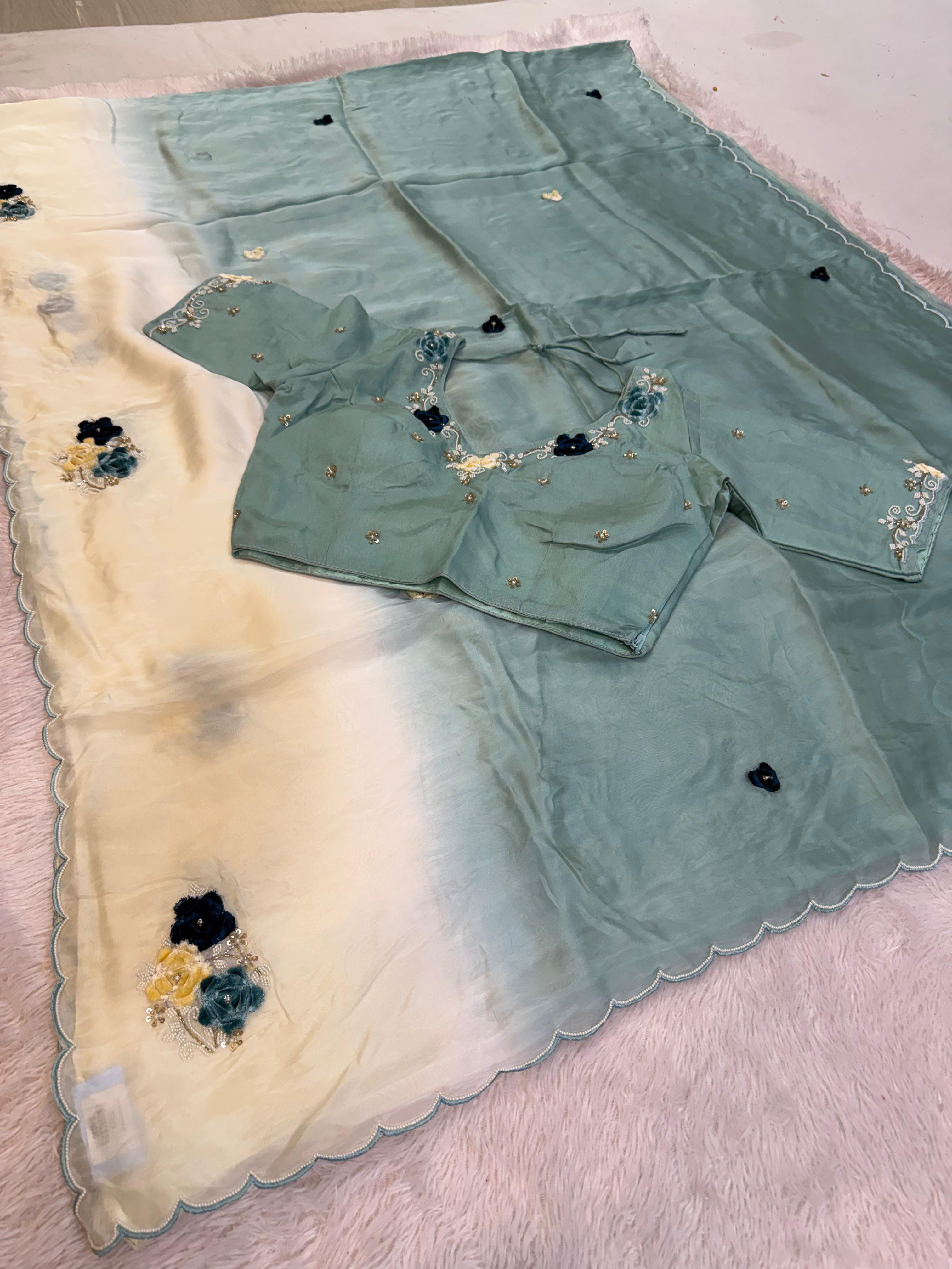 Beautiful Important Febric Saree With Handwork X Ready-made Blouse