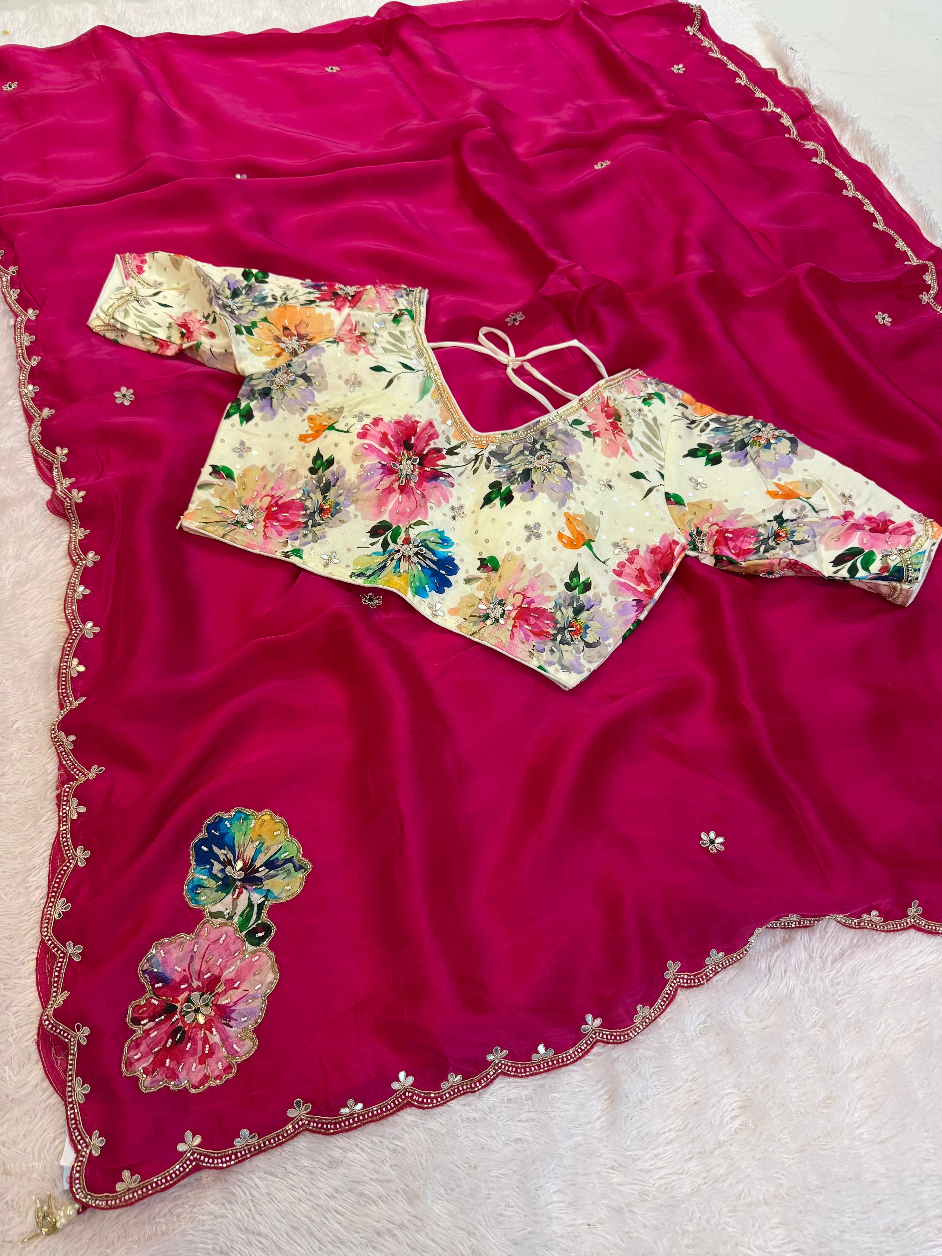 Beautiful Pure H O Silk Saree With Handwork X Ready-made Blouse