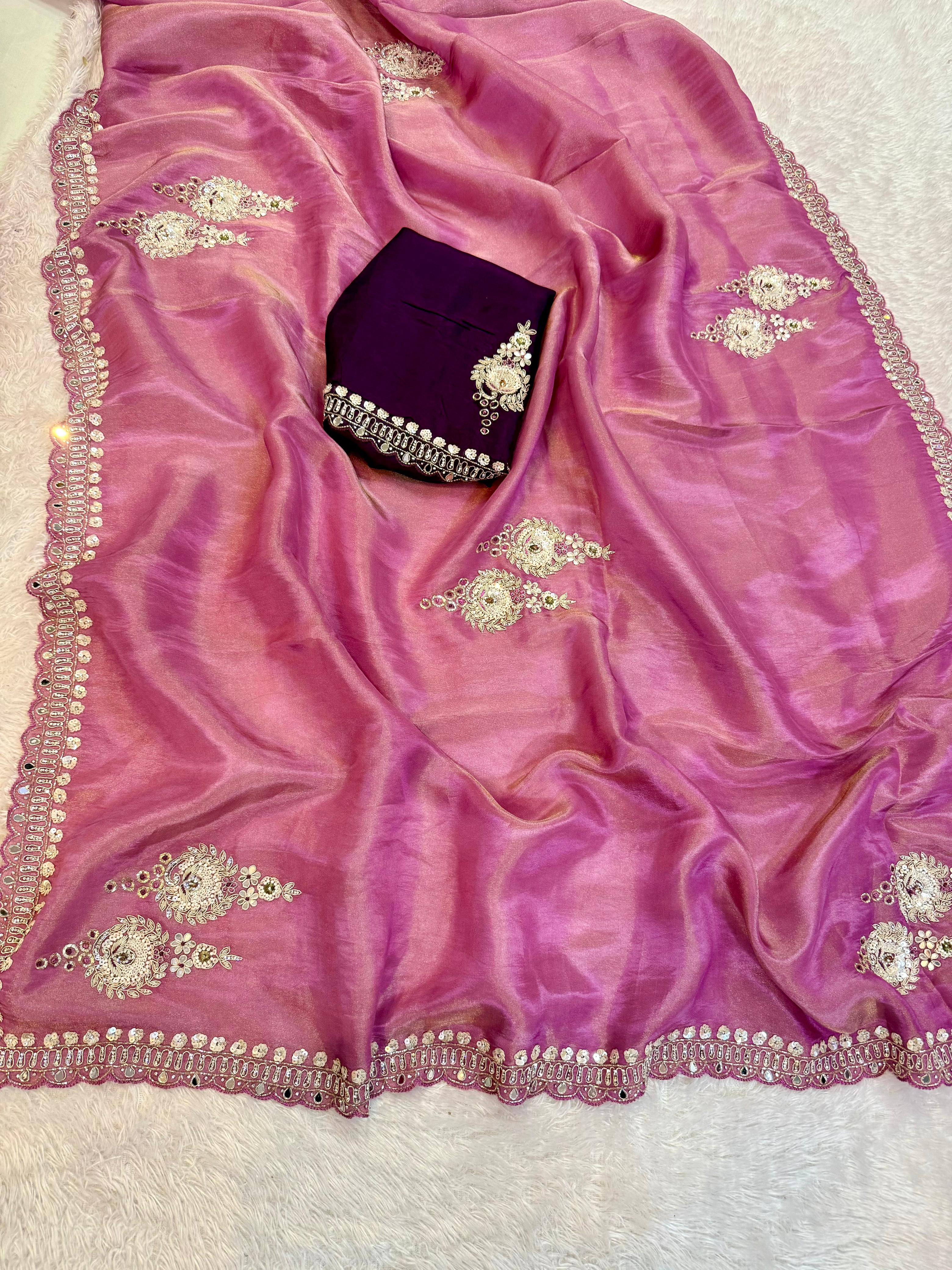 Luxury Tissue Cosmos Saree With Premium Handwork