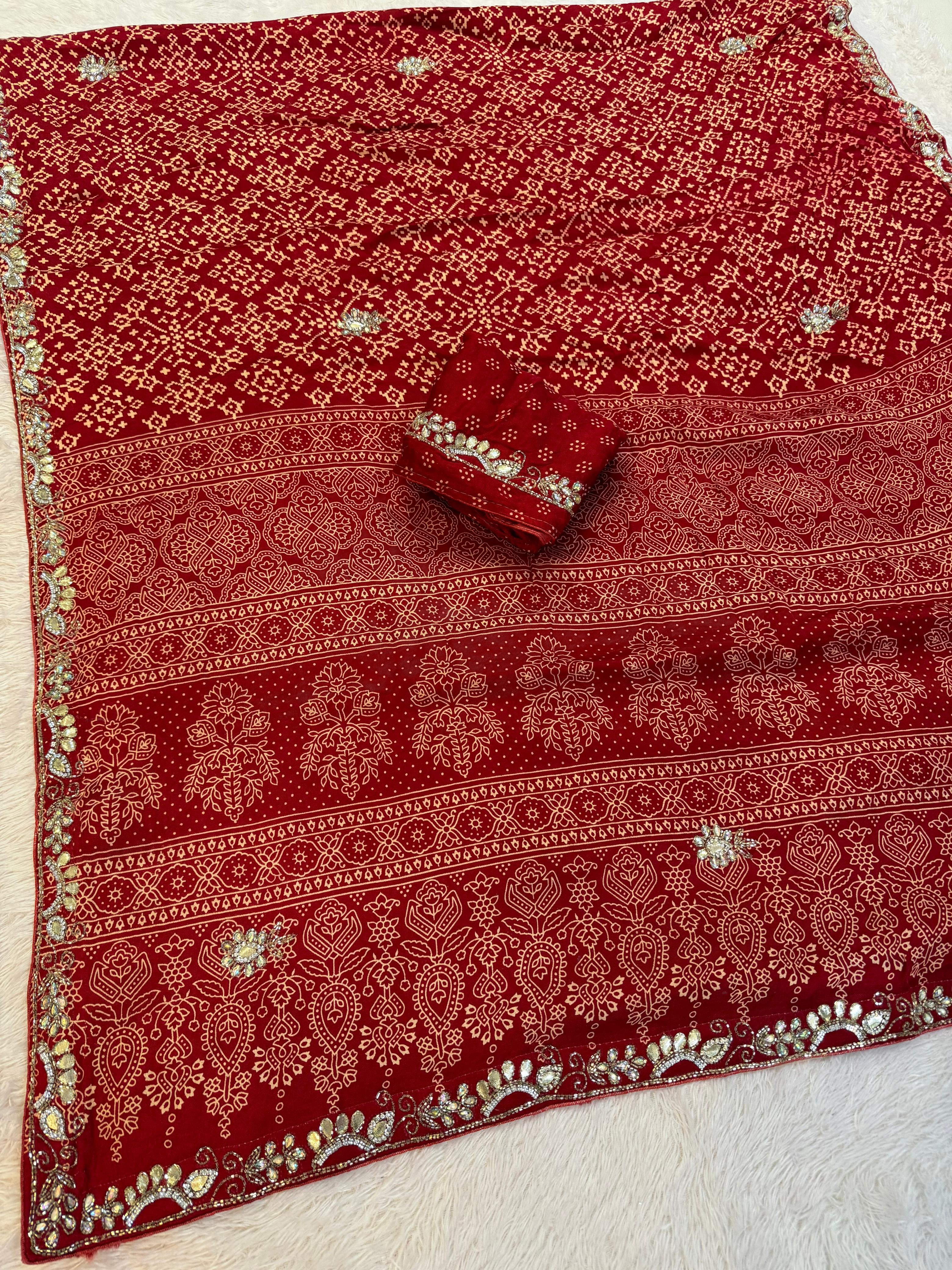 Beautiful Modal Silk Ajrakh Print Saree With Handwork
