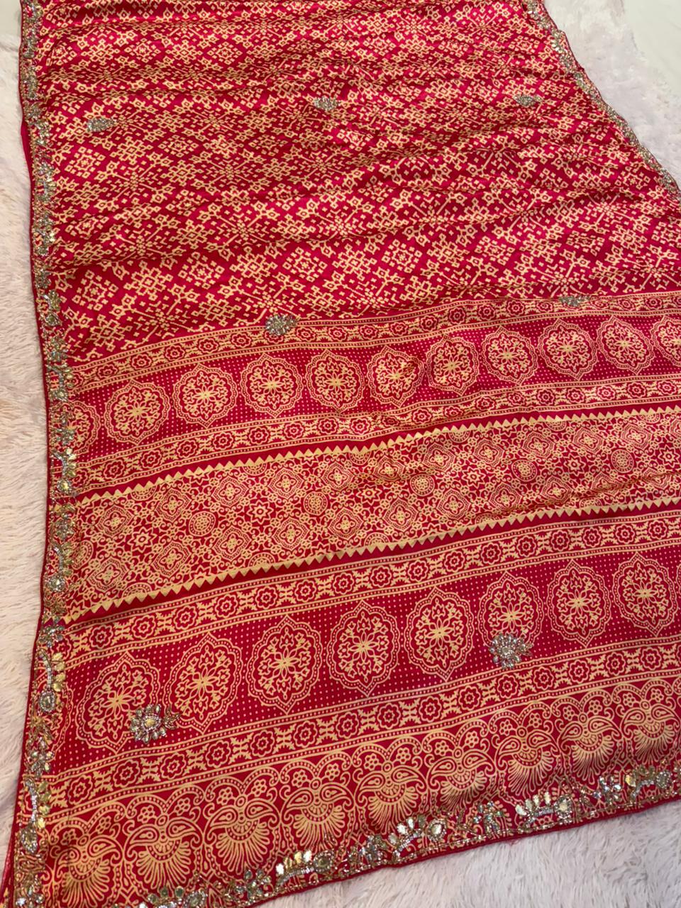 Beautiful Modal Silk Ajrakh Print Saree With Handwork