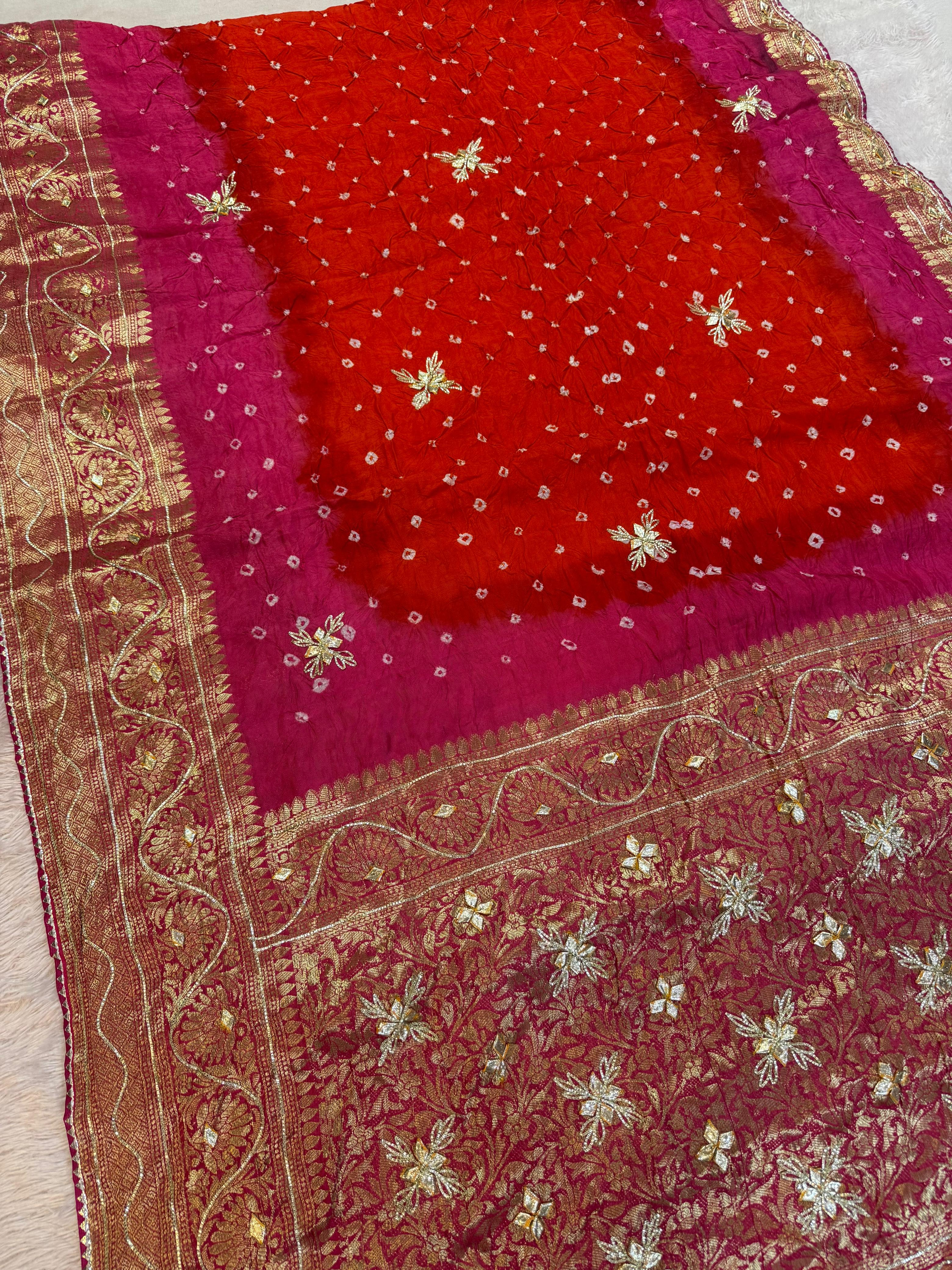 Traditional Art Silk Febric Hand Bandhej Saree With Gottapatti Work