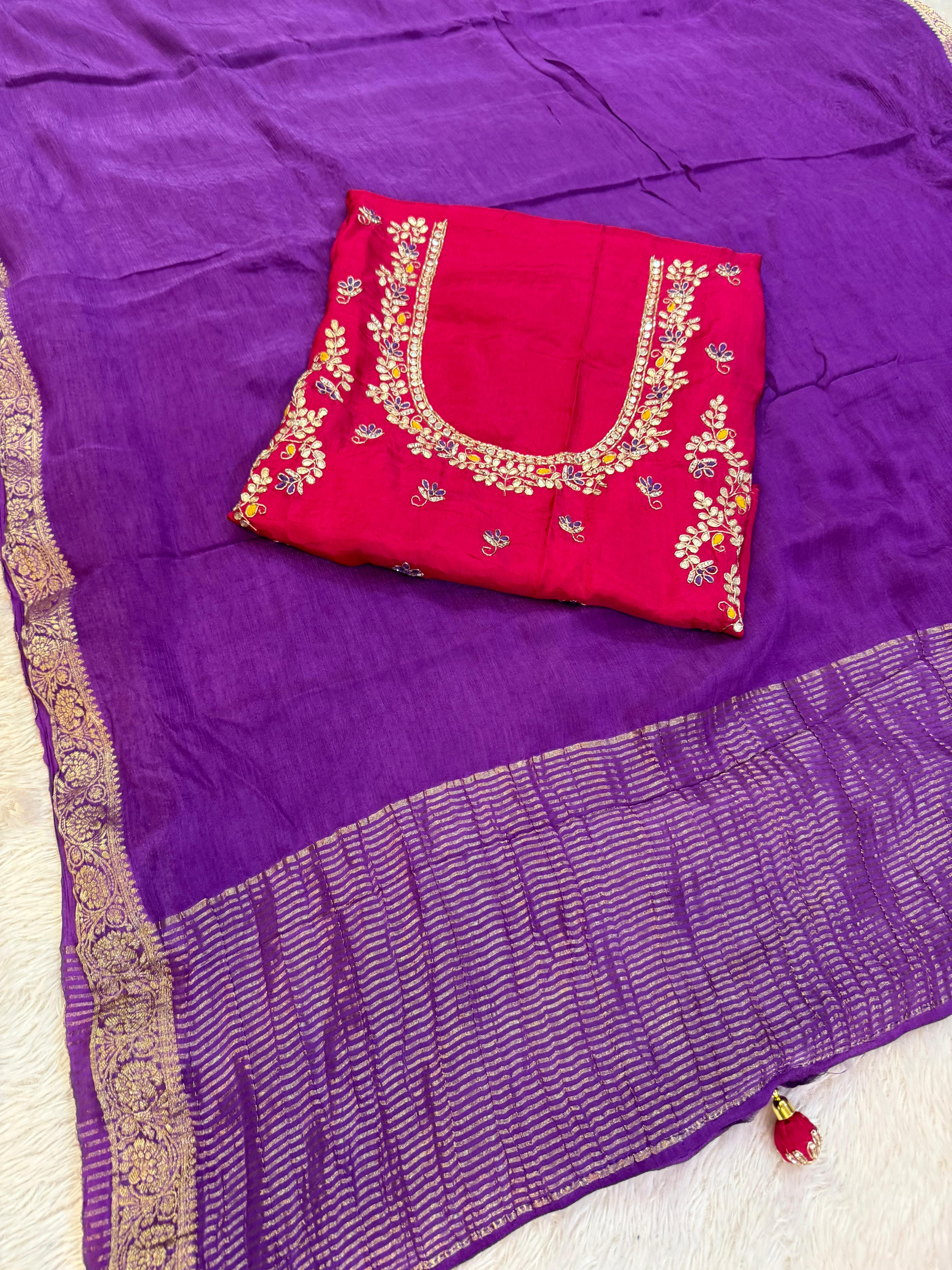 Beautiful Pure Chinon Saree With Designer Blouse