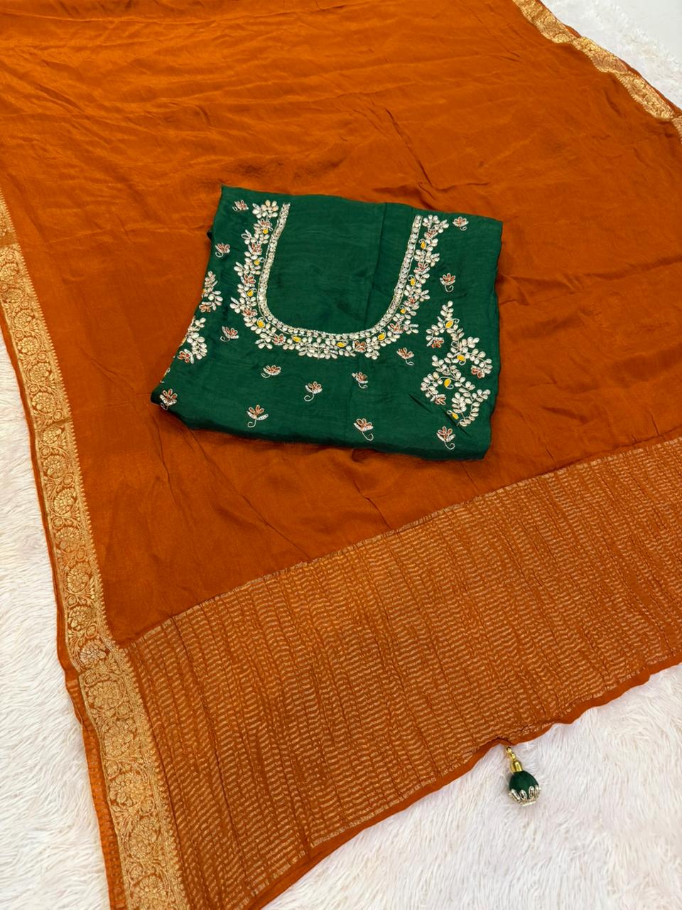 Beautiful Pure Chinon Saree With Designer Blouse