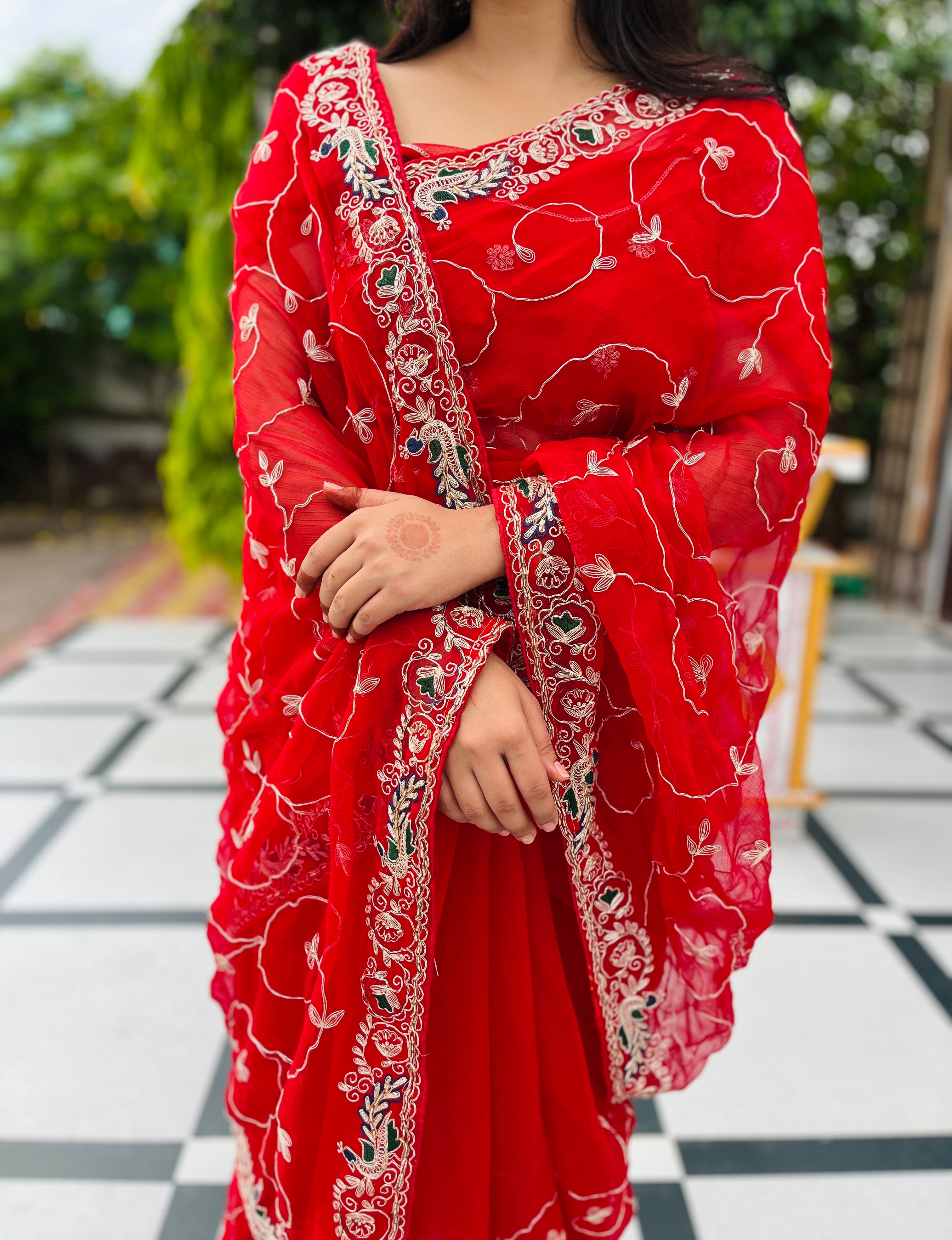 Karwa Chauth Special Semi Chiffon Saree With Pittan Jaal Work