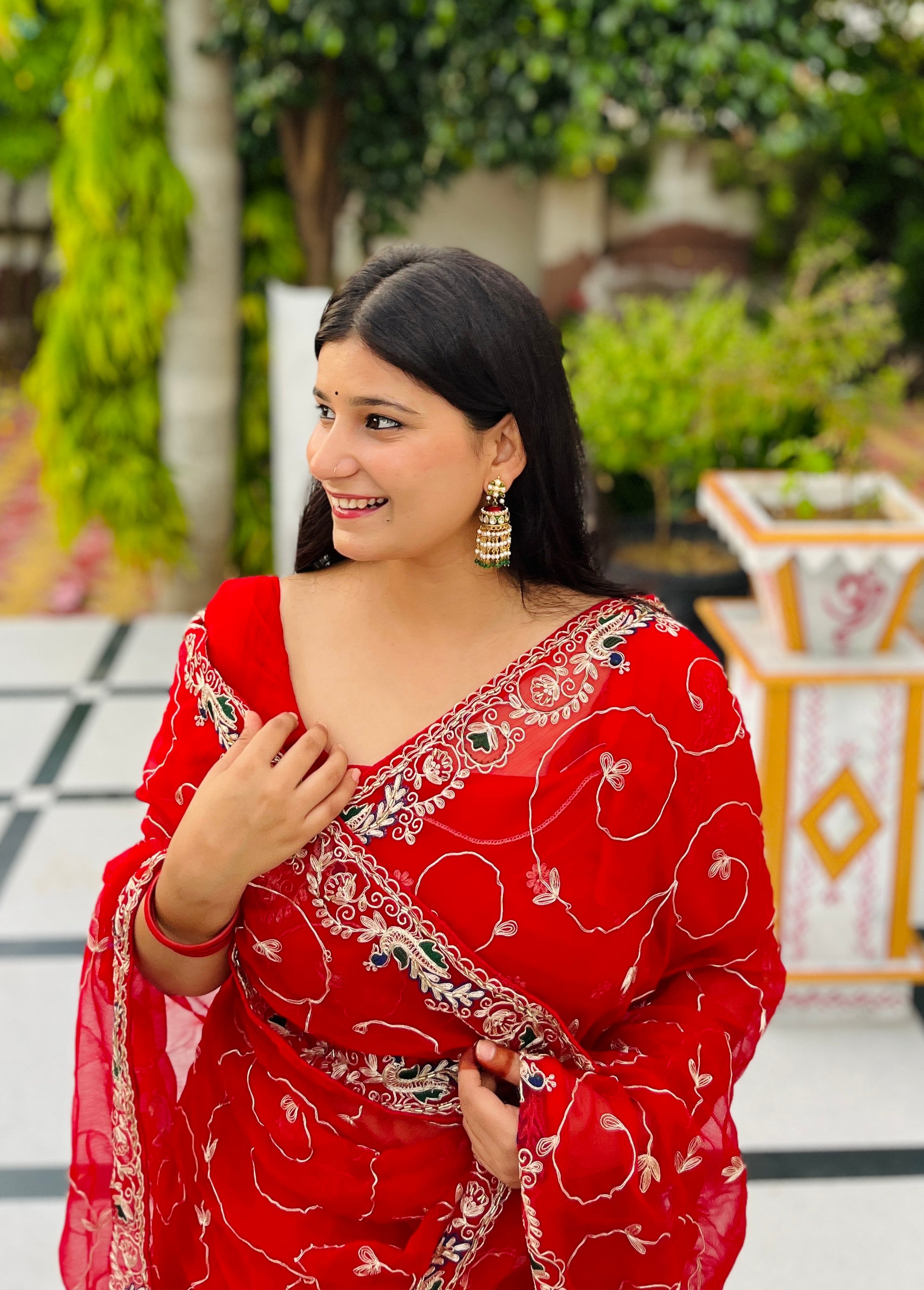 Karwa Chauth Special Semi Chiffon Saree With Pittan Jaal Work