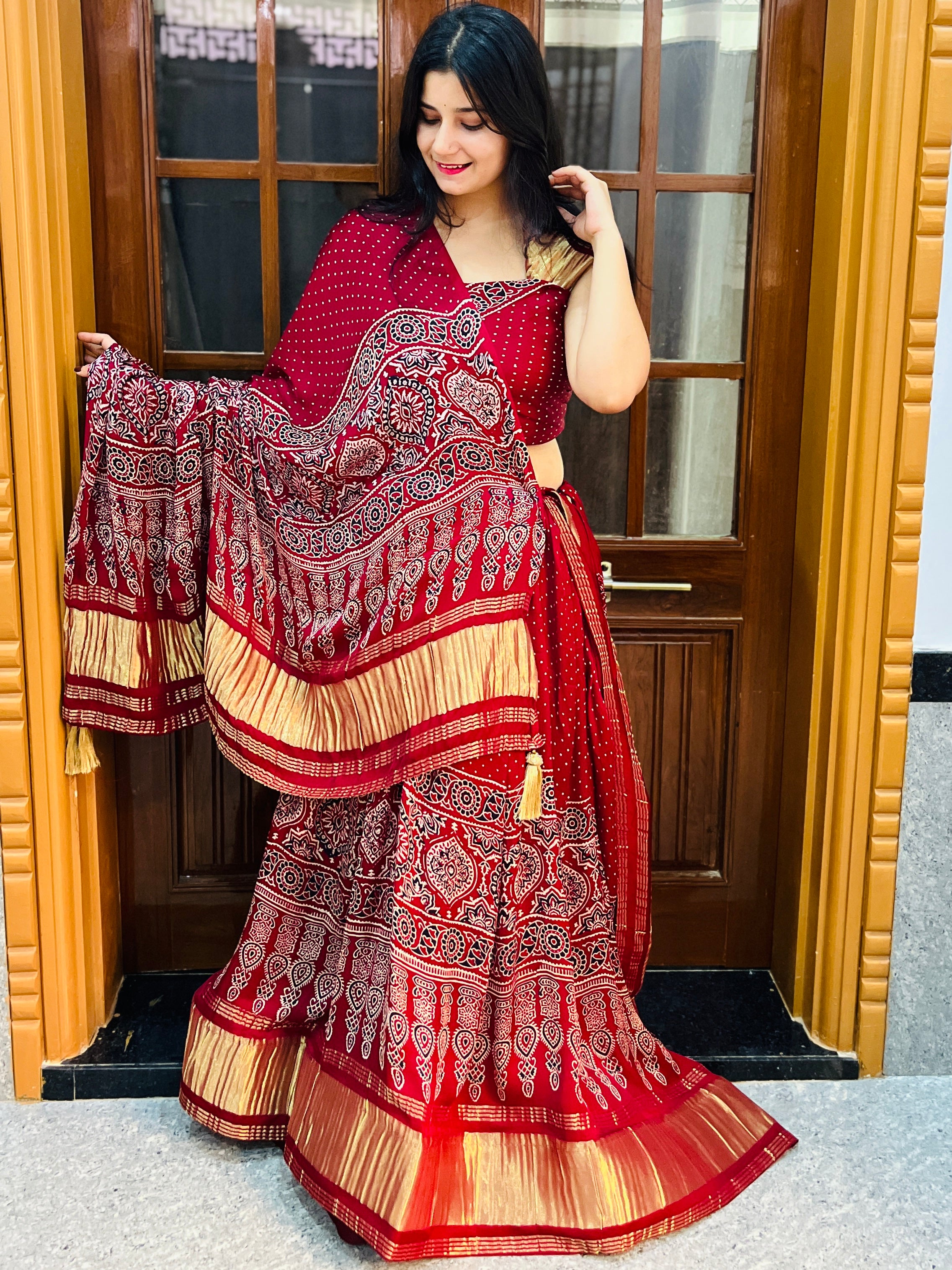 Traditional Modal Silk Lehenga With Jaipuri Print X Ajrakh Print
