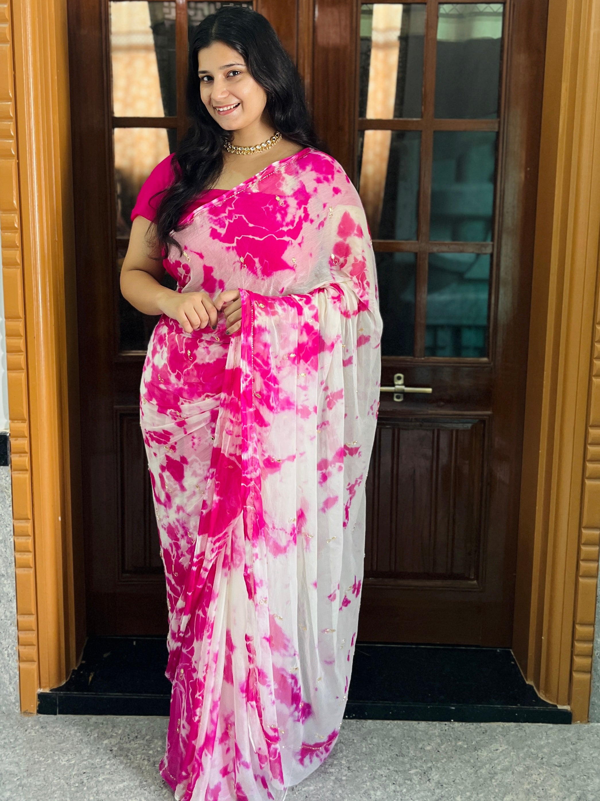 Beautiful Semi Chiffon Tye Dye Saree With Handwork