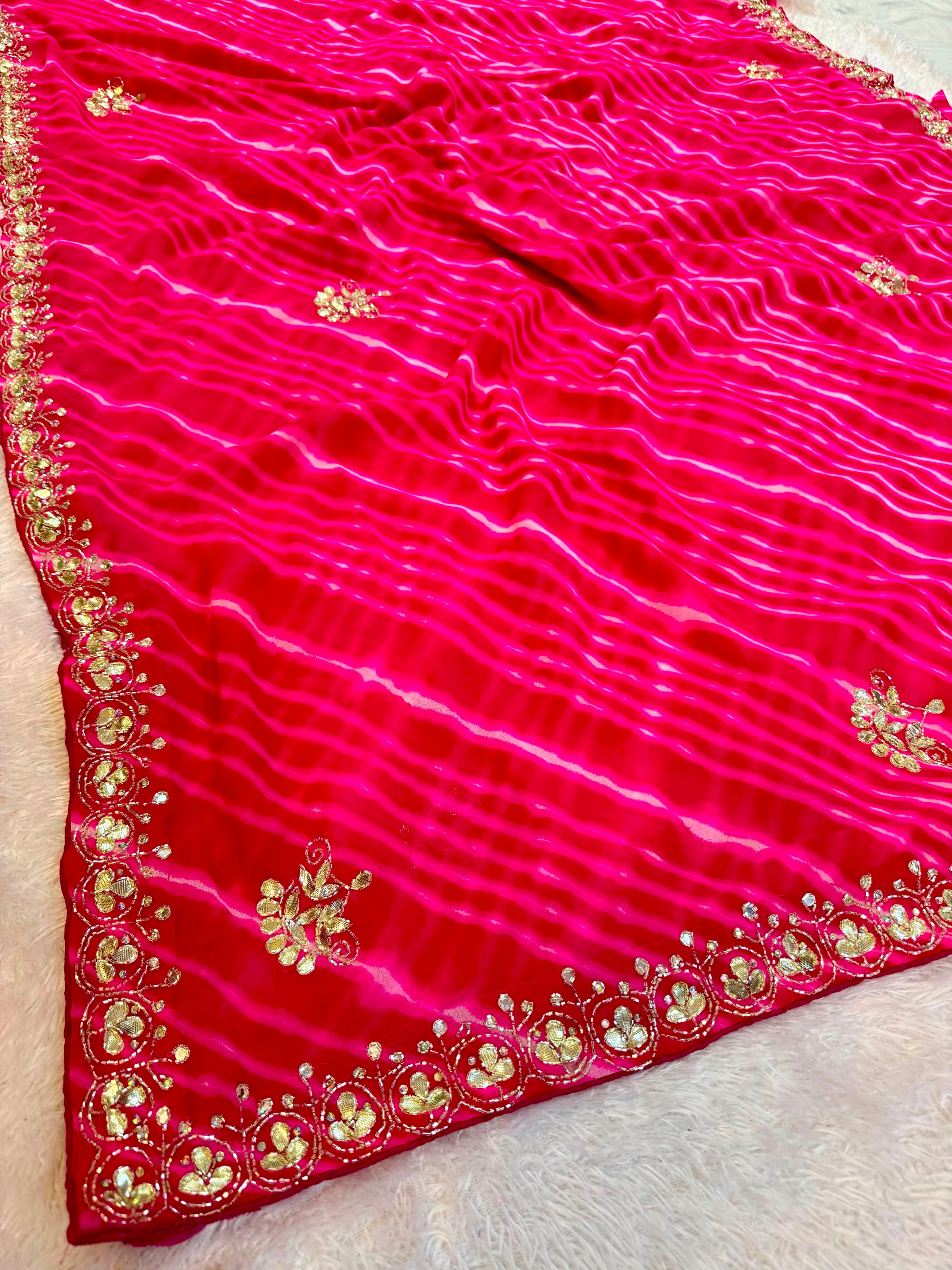 Beautiful Georgette Lahariya Saree With Handwork