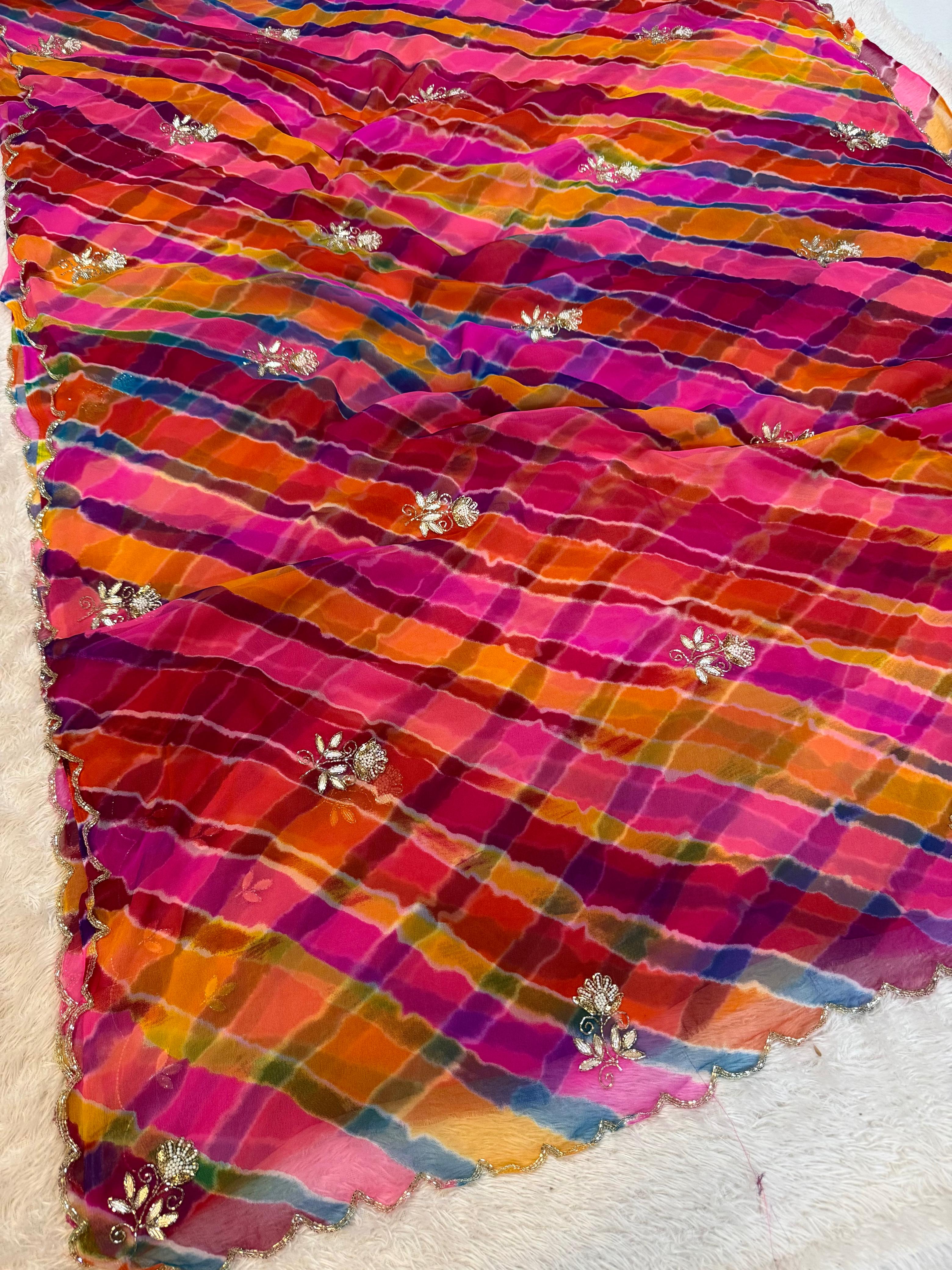Latest Multi Lahriya Saree With Handwork