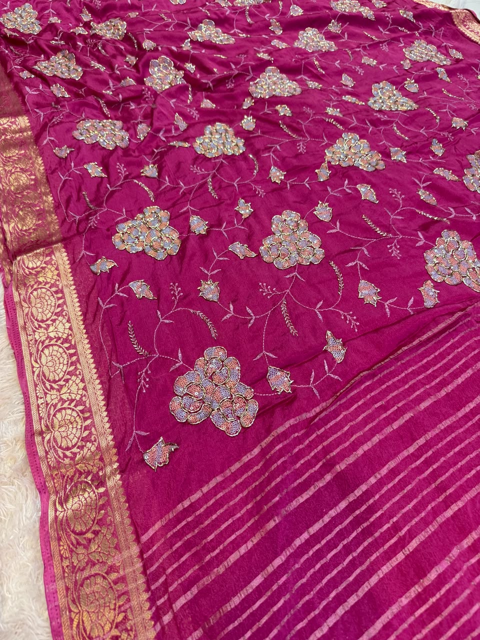 Designer Semi Chinon Saree With Fancy Work