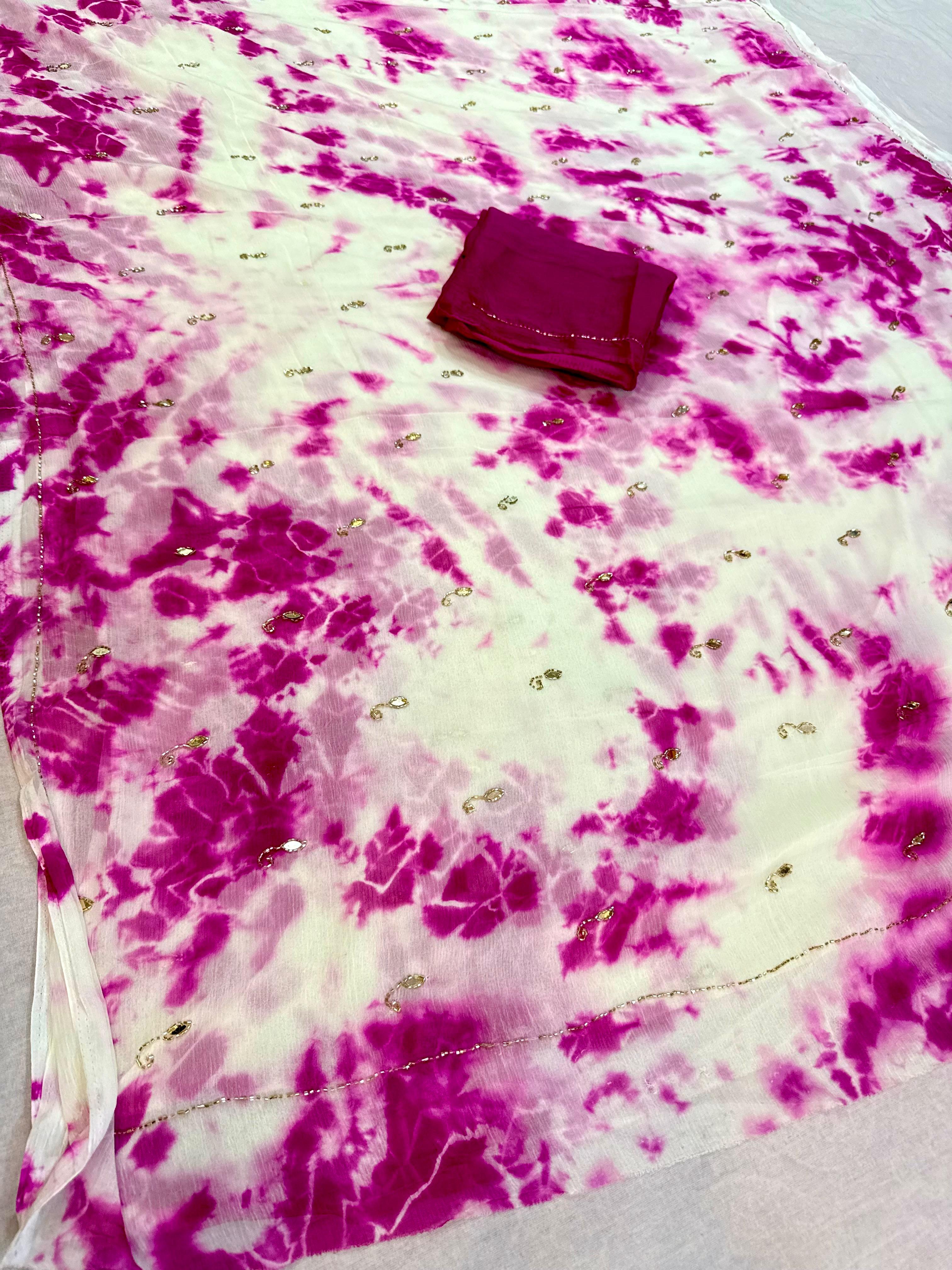 Beautiful Semi Chiffon Tye Dye Saree With Handwork
