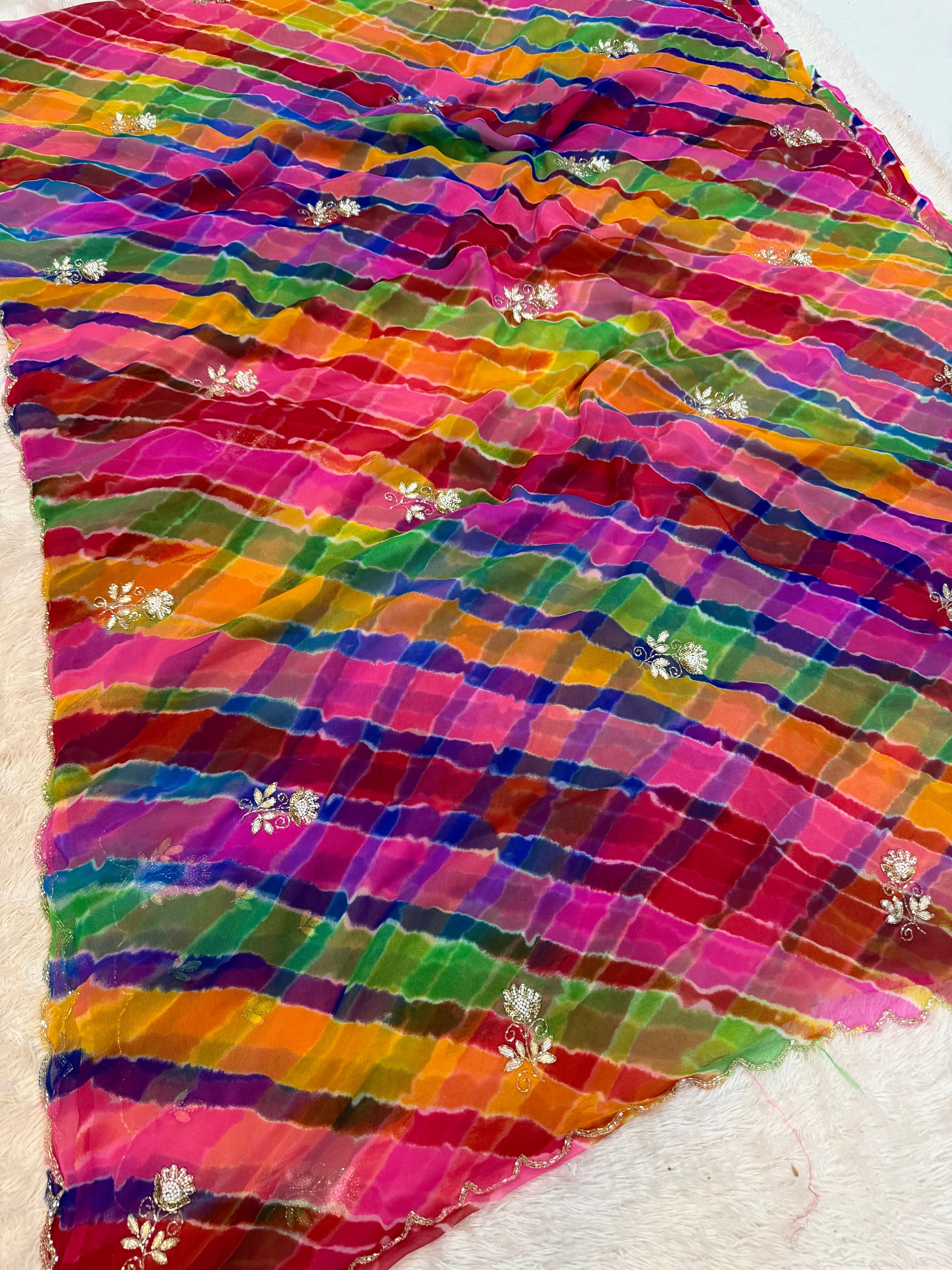 Latest Multi Lahriya Saree With Handwork