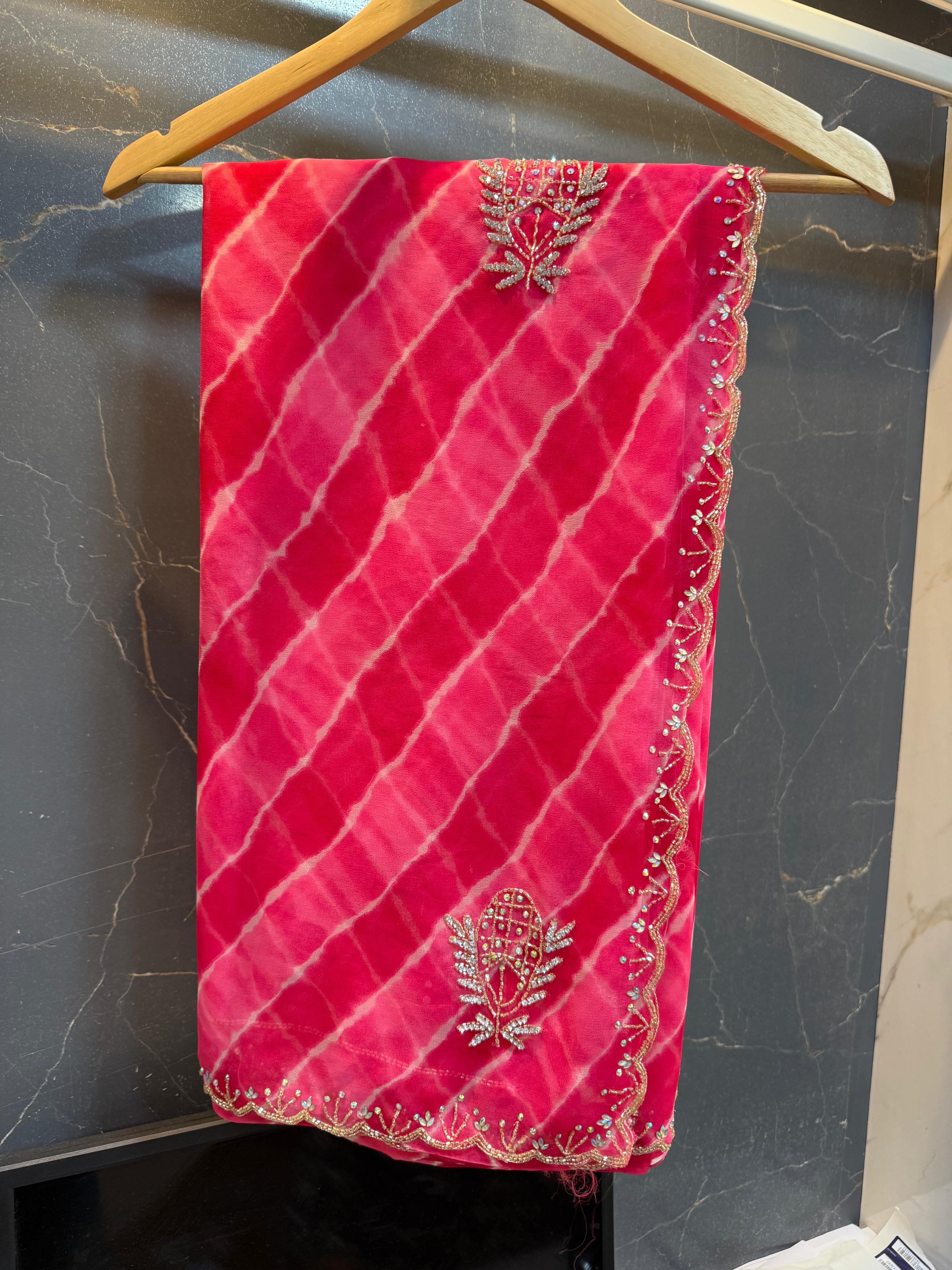 Latest Georgatte Weightless Lahriya Saree With Handwork