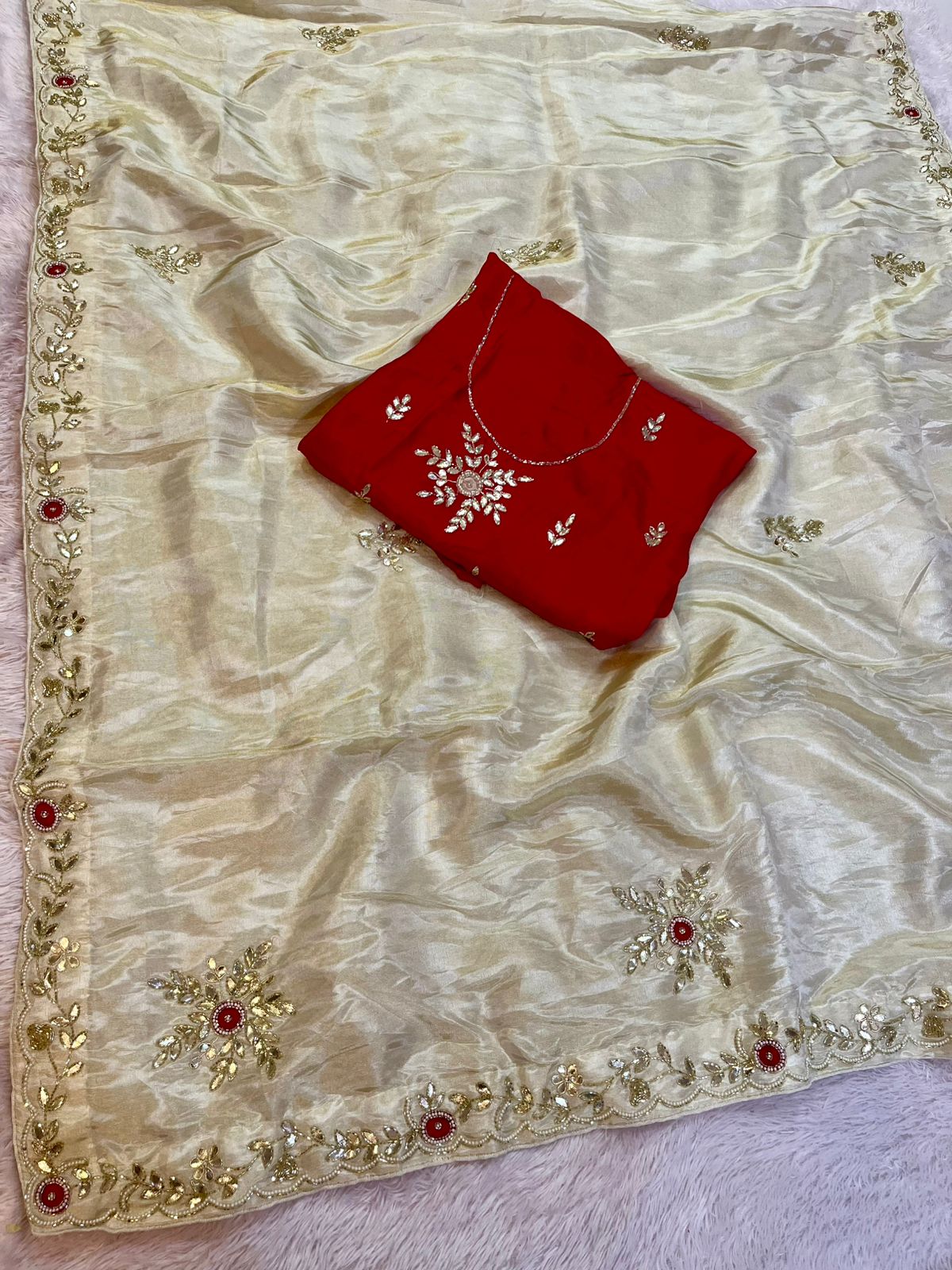 Premium Cosmos Fabric Saree With Handwork