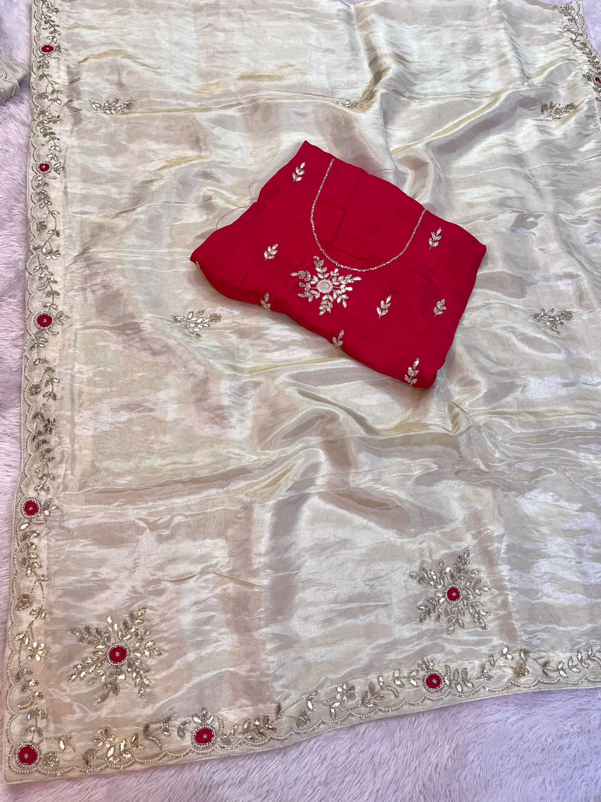Premium Cosmos Fabric Saree With Handwork
