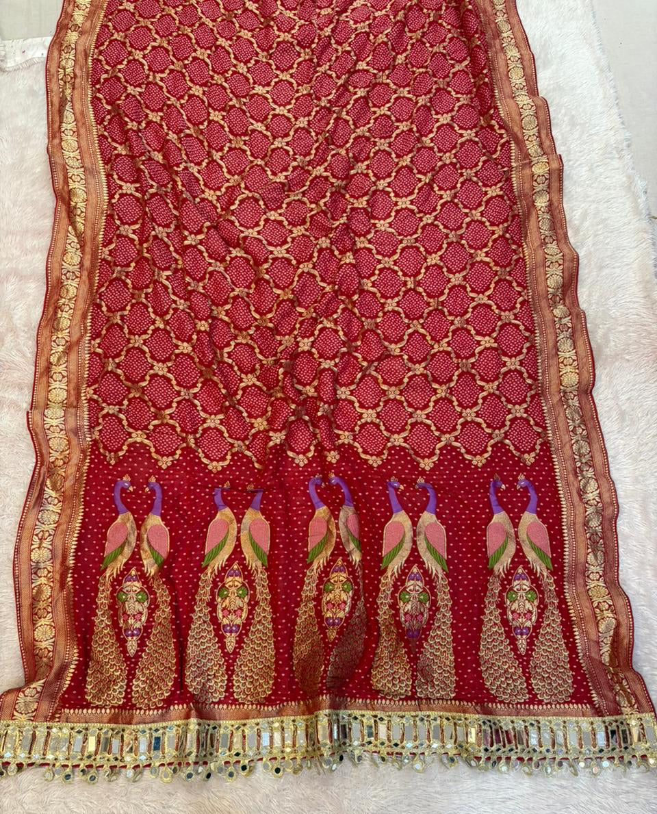 Traditional bandhani dupatta with mirror work