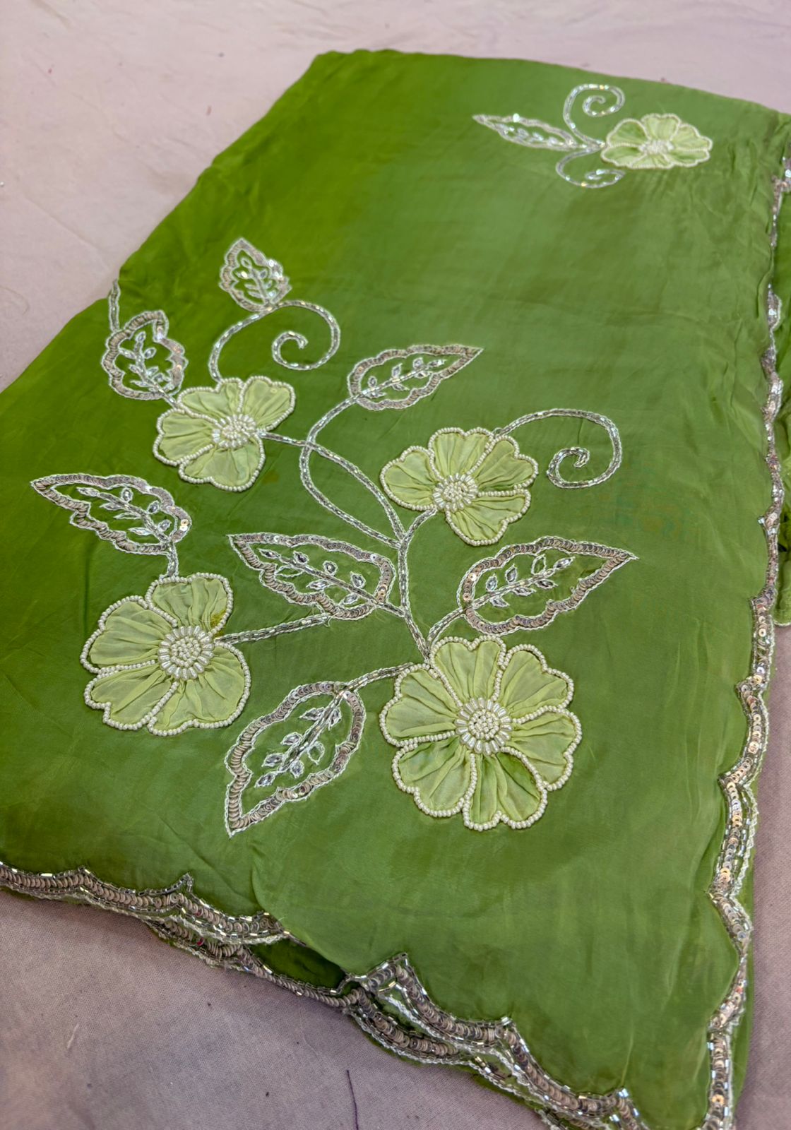 Pure H O Silk Saree With textured floral Handwork