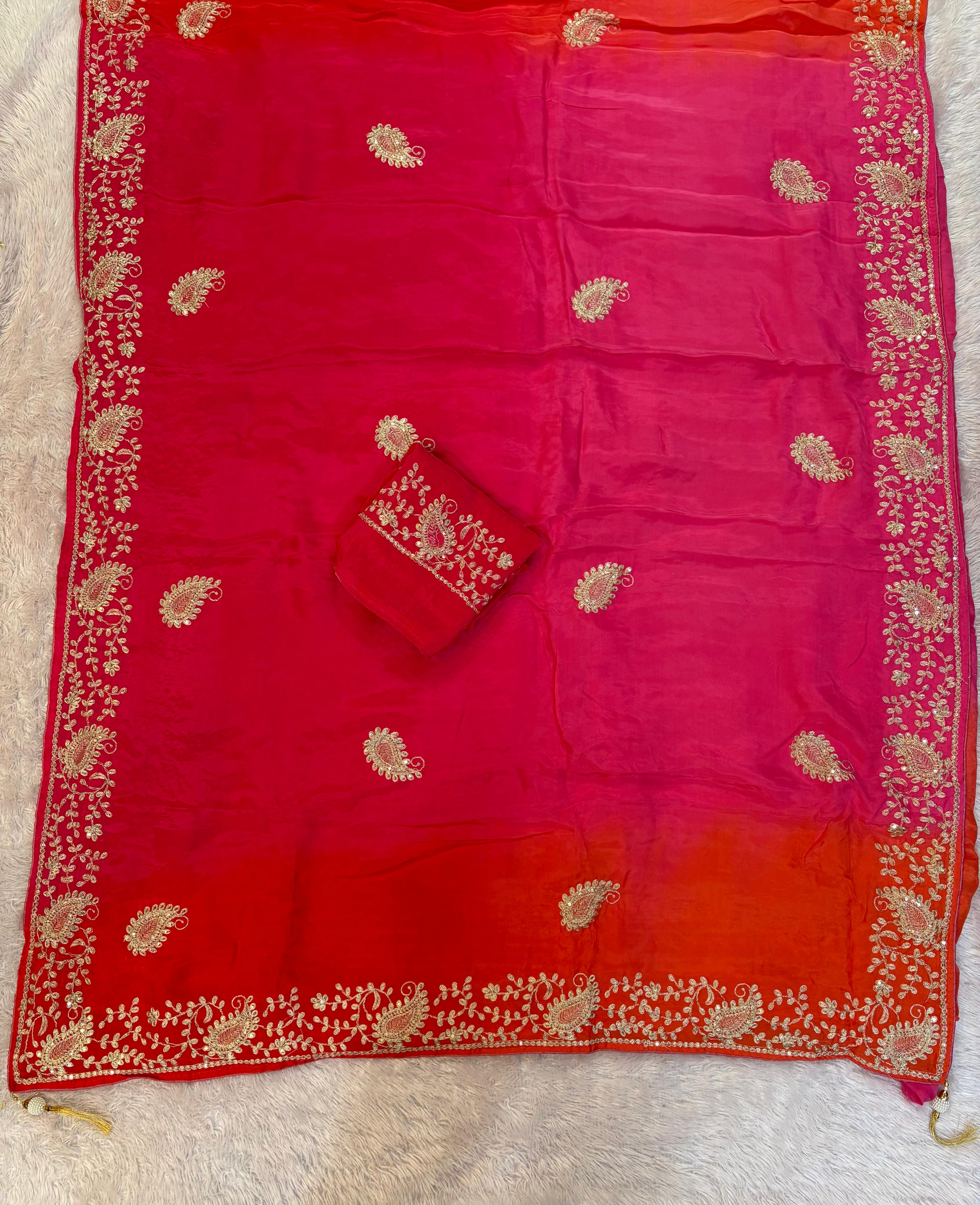 Pure H O Silk ombre colors Saree With Handwork