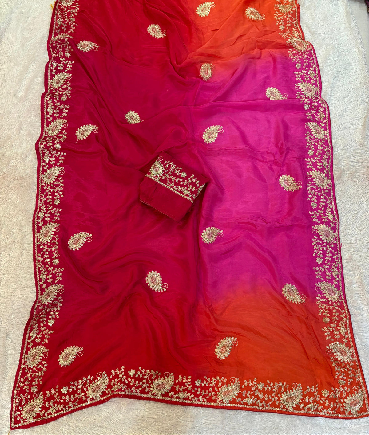 Pure H O Silk ombre colors Saree With Handwork