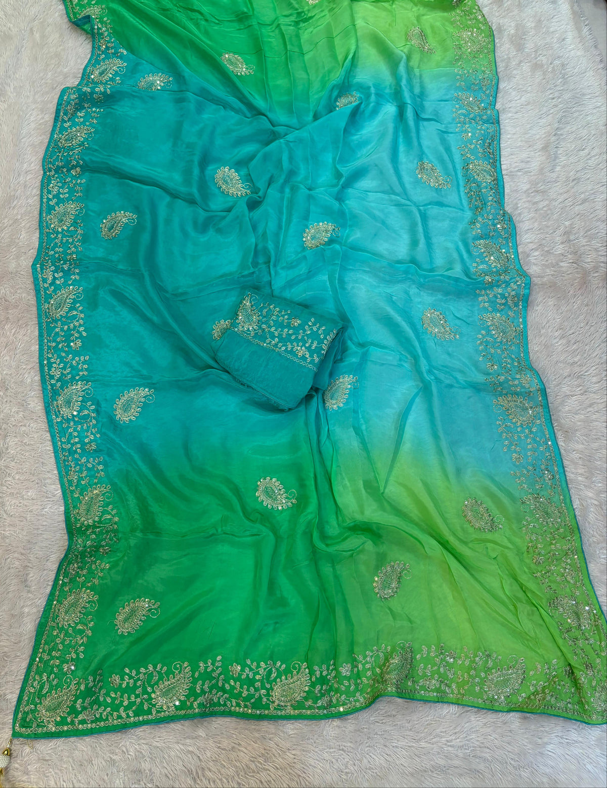 Pure H O Silk ombre colors Saree With Handwork