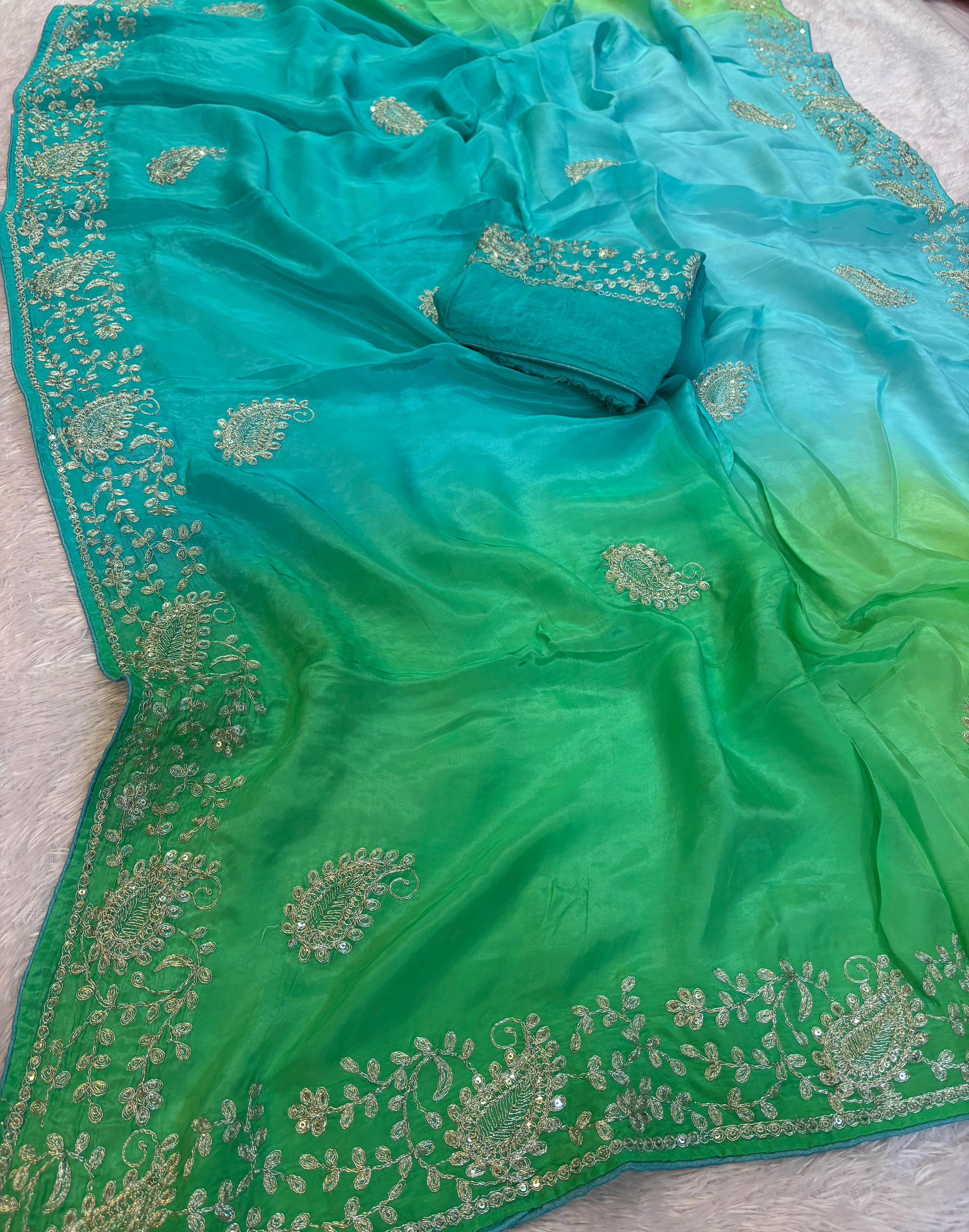 Pure H O Silk ombre colors Saree With Handwork
