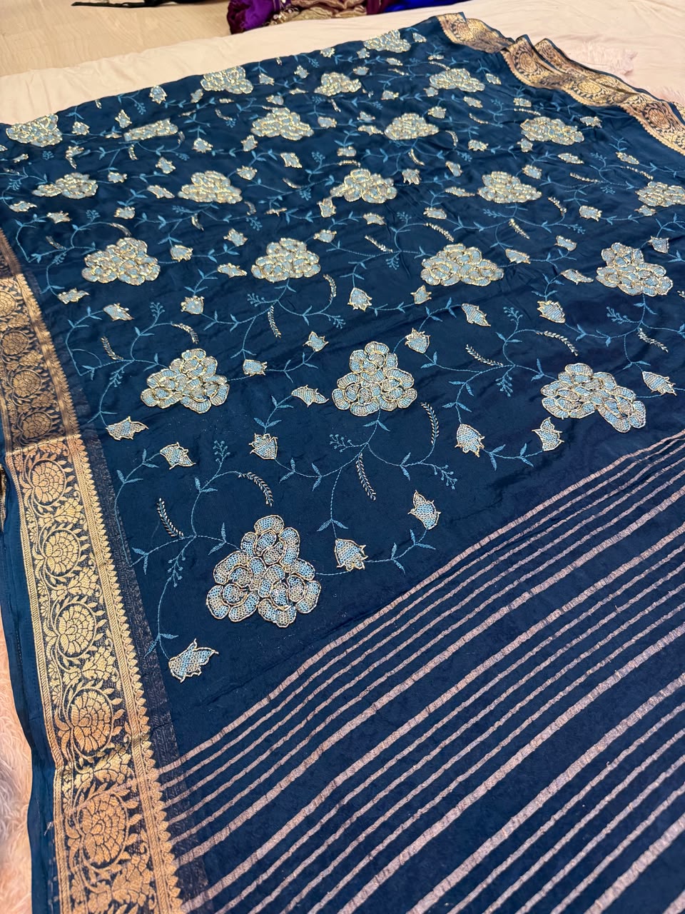 Designer Semi Chinon Saree With Fancy Work