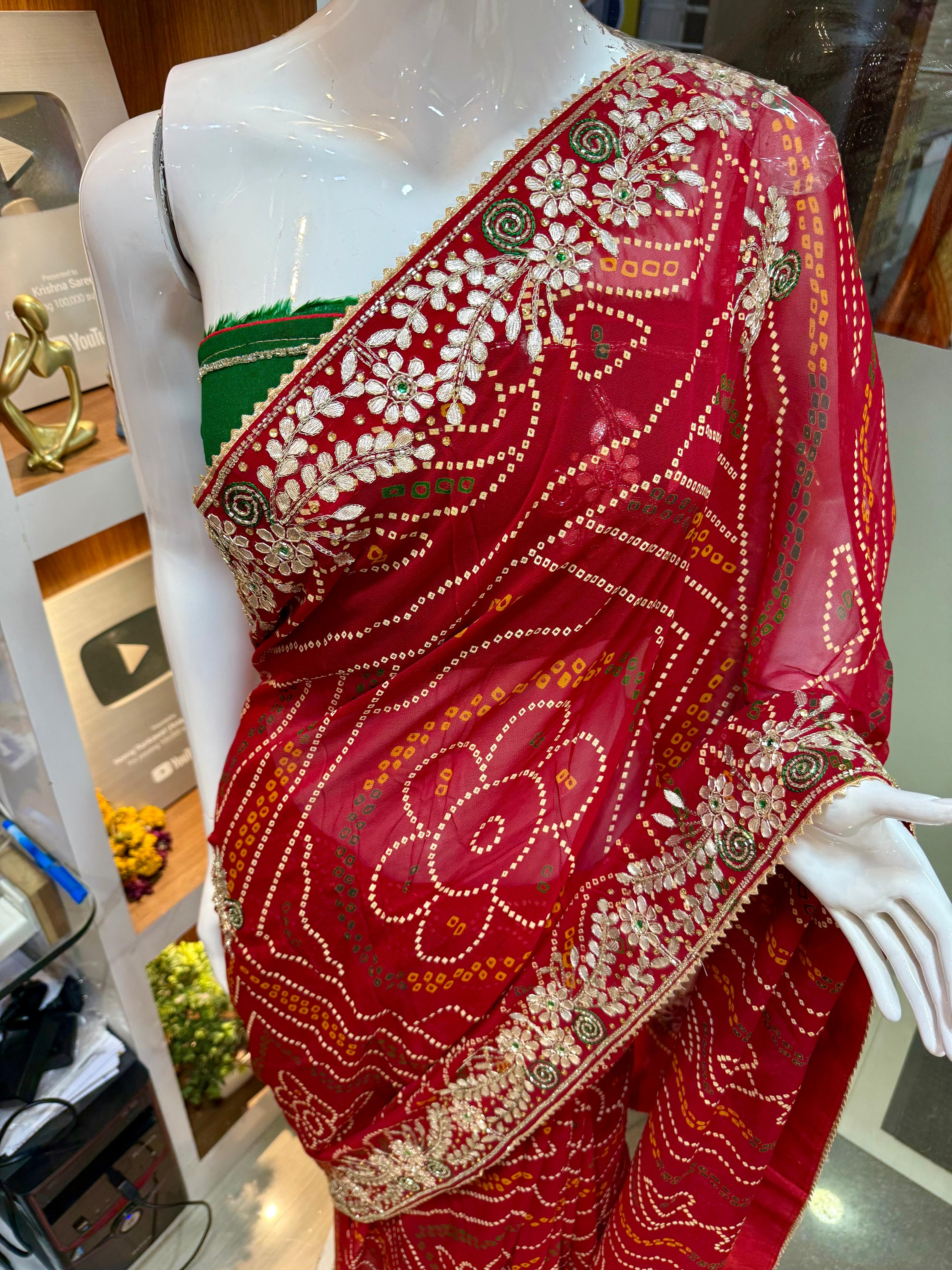 Traditional Pure Viscose Georgatte Fabric Bandhni Print Saree With Handwork