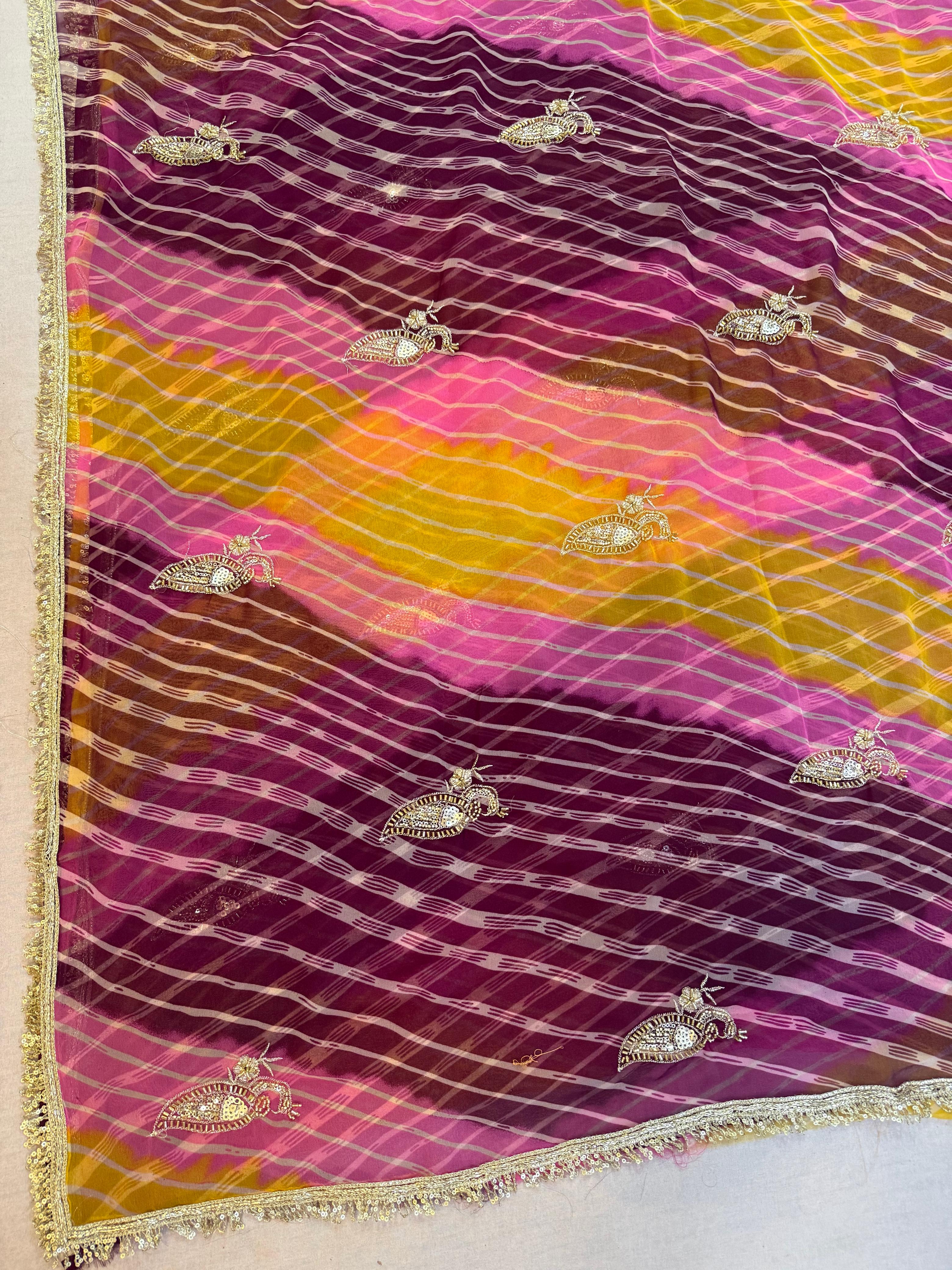 Latest Georgatte Leheriya Saree With Handwork Work