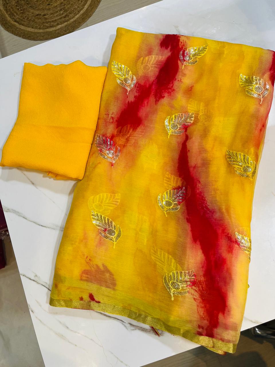 Beautiful Pure Chiffon Shibori Dye Saree With Handwork