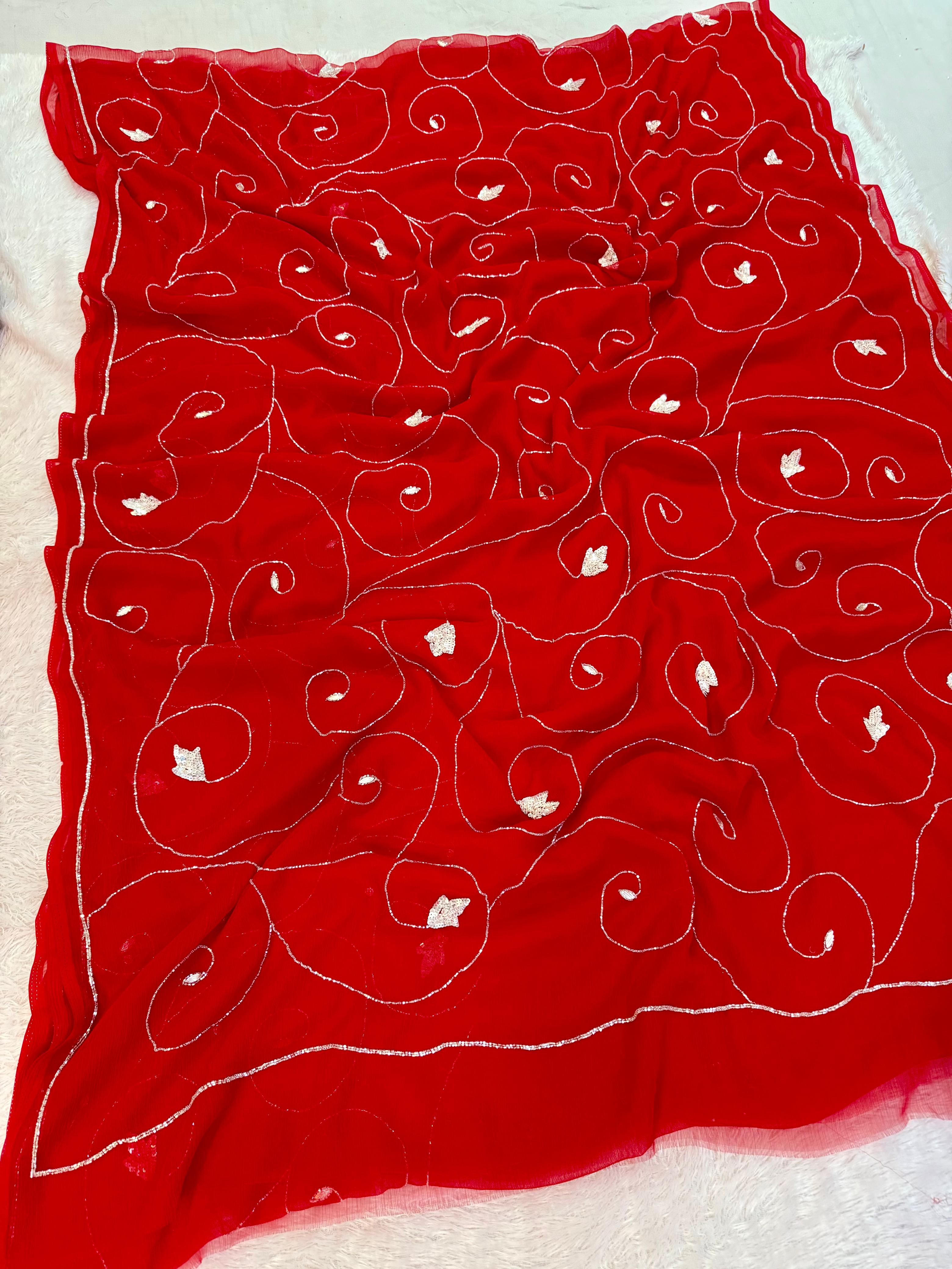 Beautiful Semi Chiffon Saree With Handwork