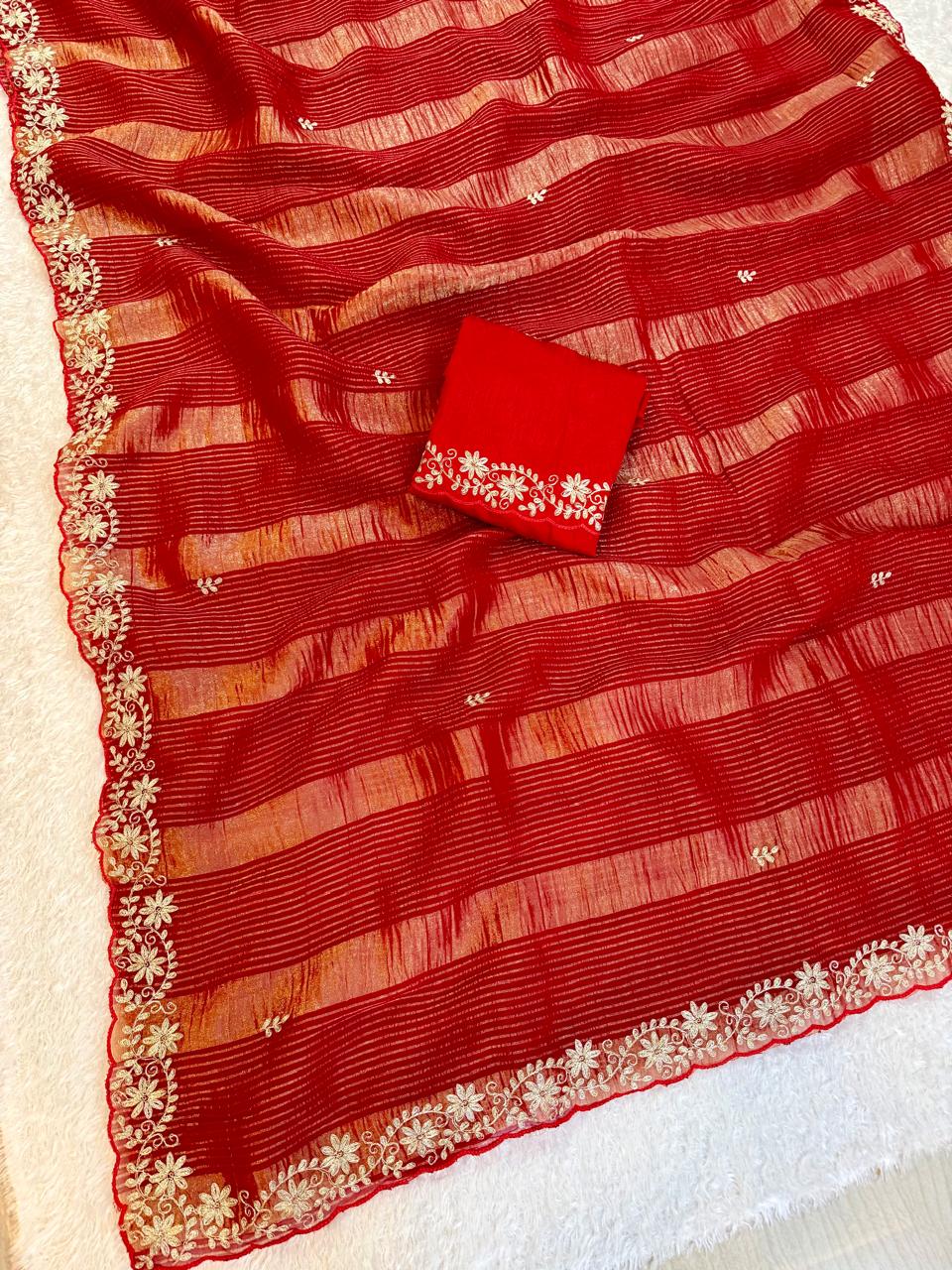 Royal Look Semi Chiffon Saree With Handwork