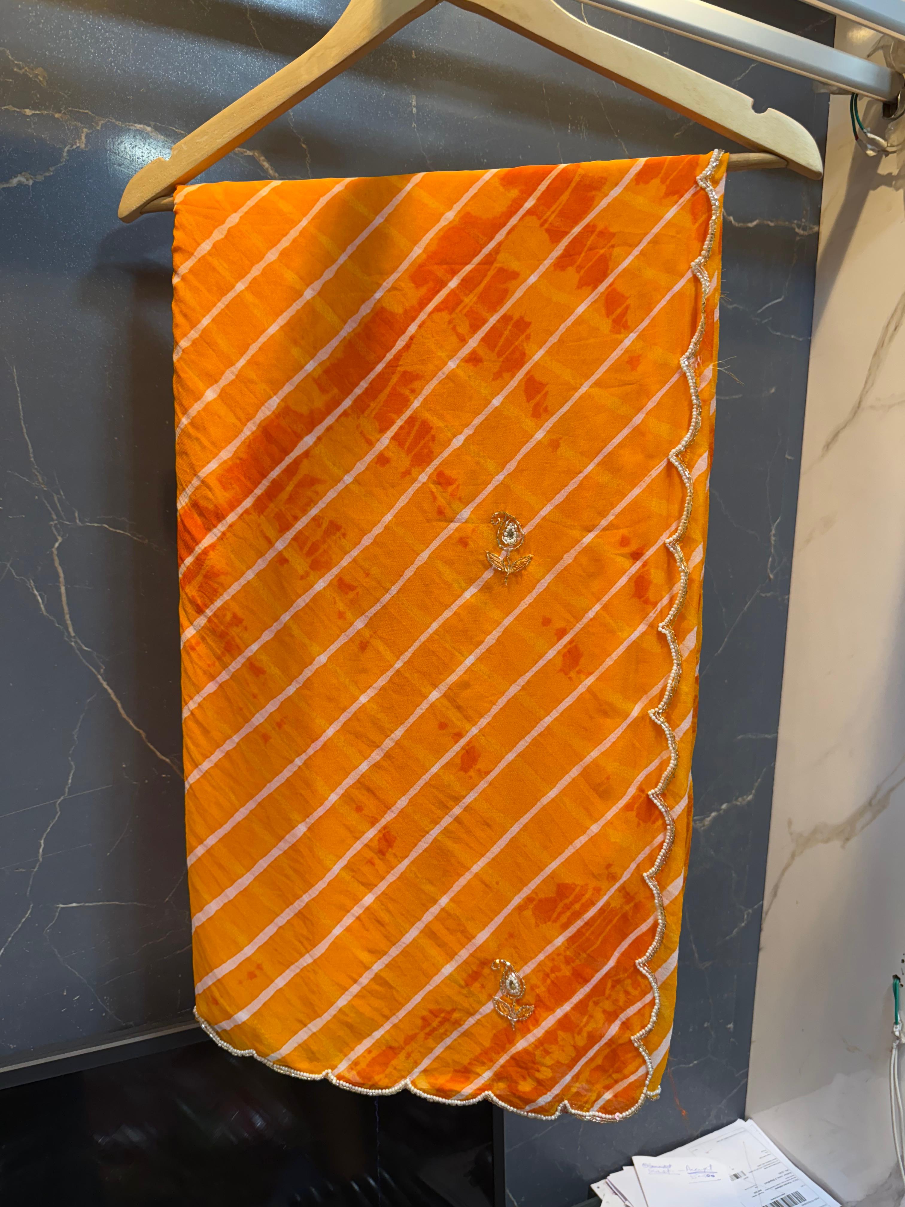 Beautiful Leheriya Hand Dye Saree With Handwork
