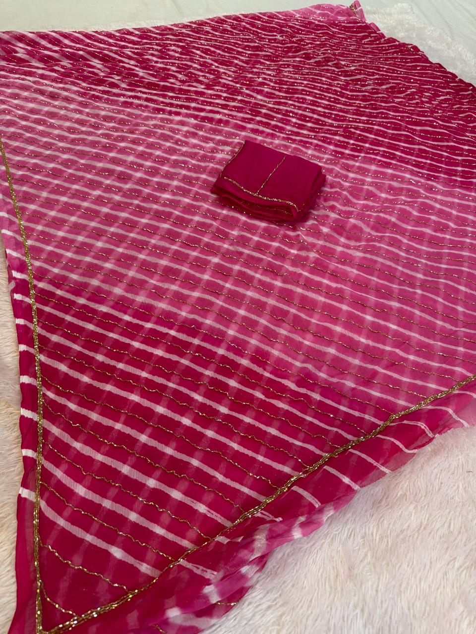Beautiful Semi Chiffon Lahriya Saree With Handwork