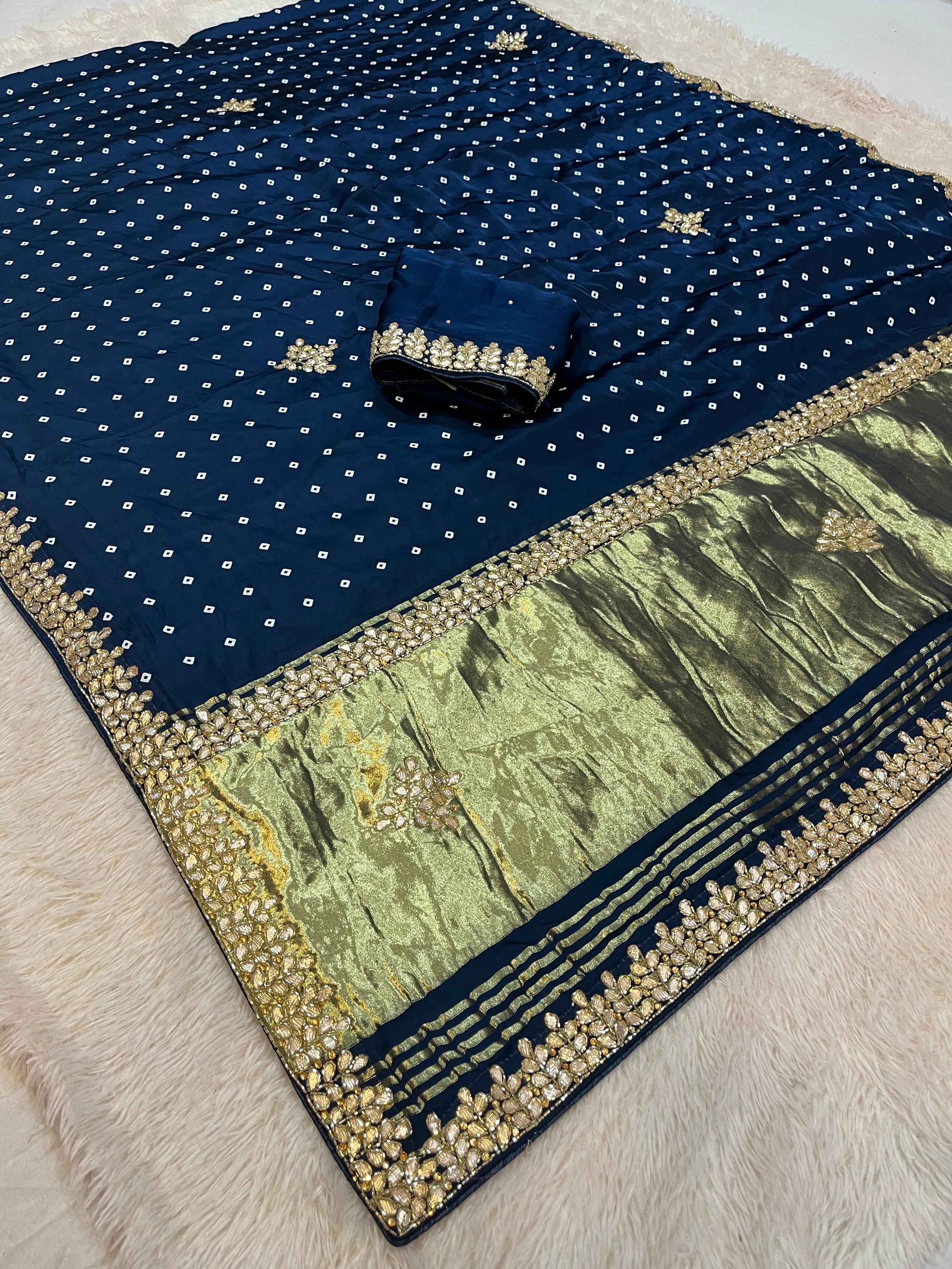 Designer Modal Silk Bandhani Table Print Saree With Handwork