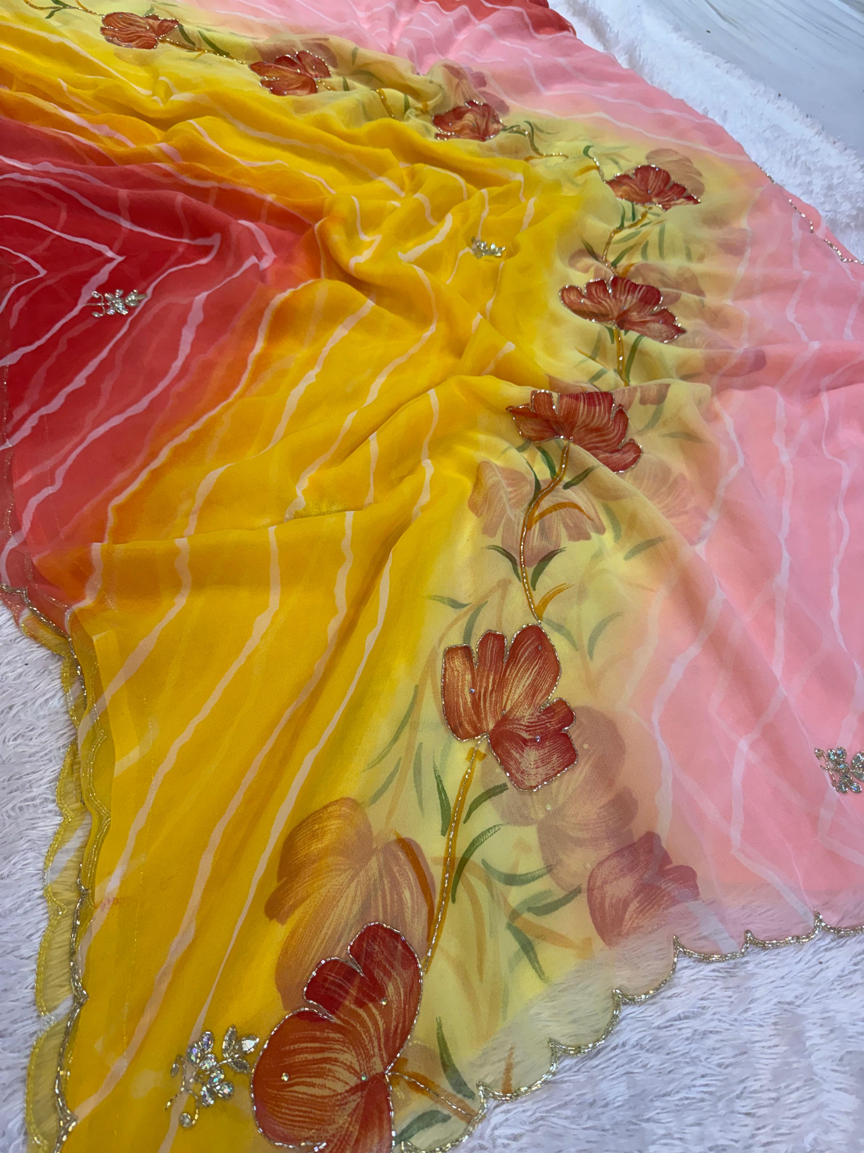 Designer Lehriya Saree with Floral Handwork Design