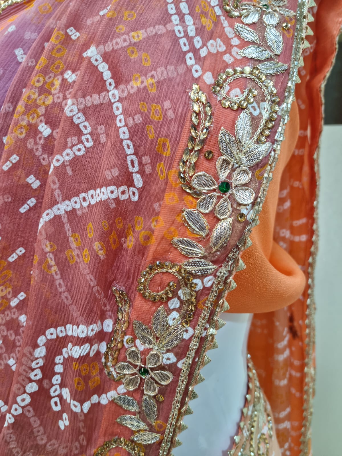 Pure Chiffon Shaded Bandhej Print Saree Along with Handwork