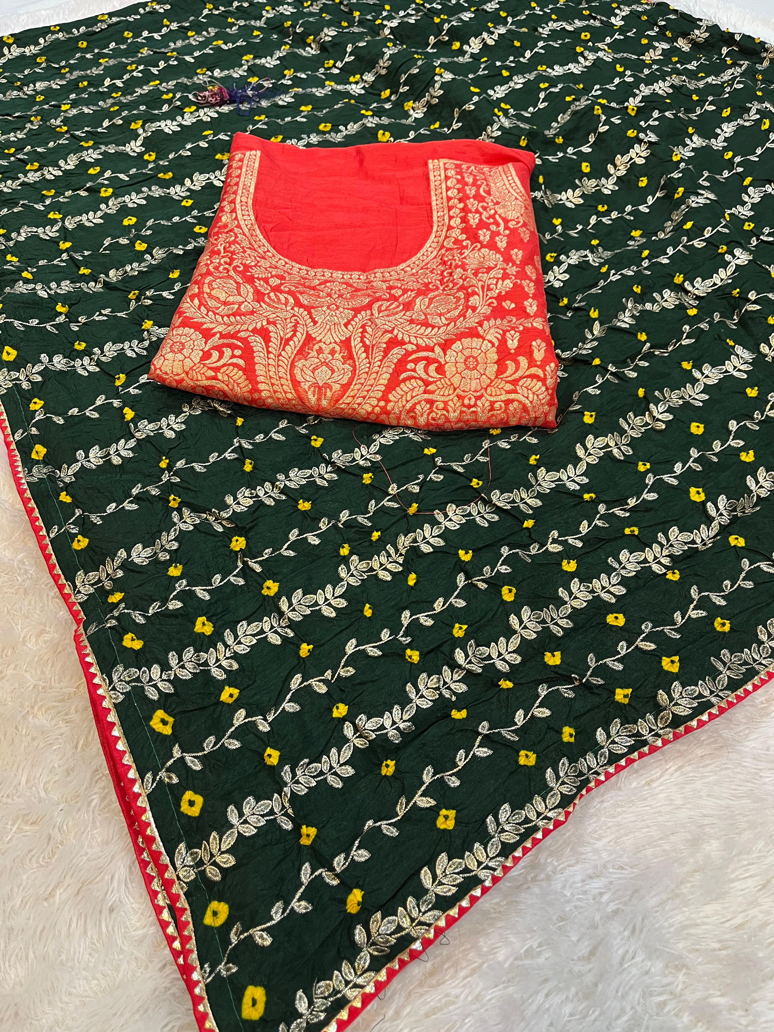 Designer Naylon Dolla Silk Saree With Flat Jarri X Hand Bandhani