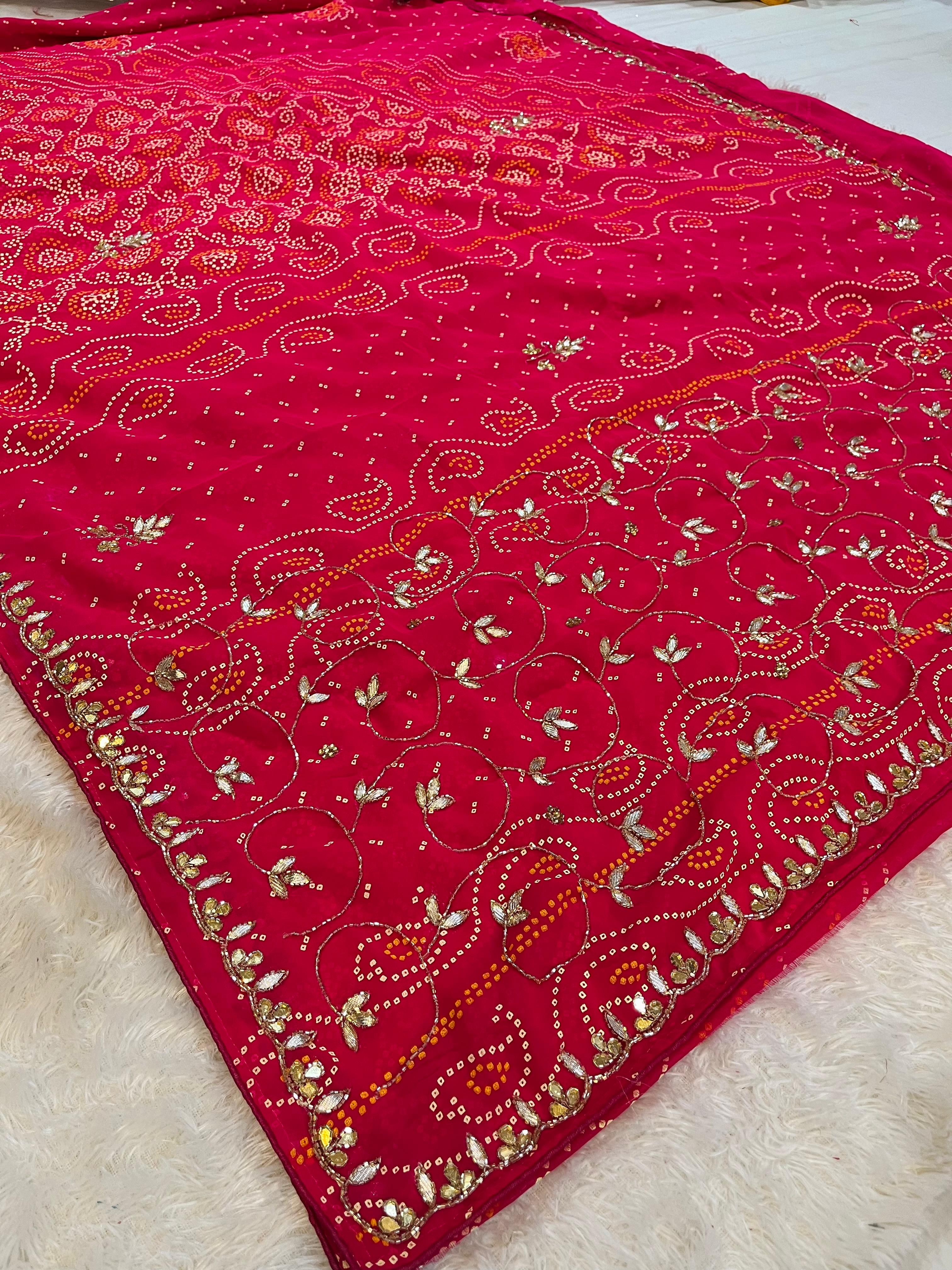 Georgatte Bandhani Table Print Saree With Handwork