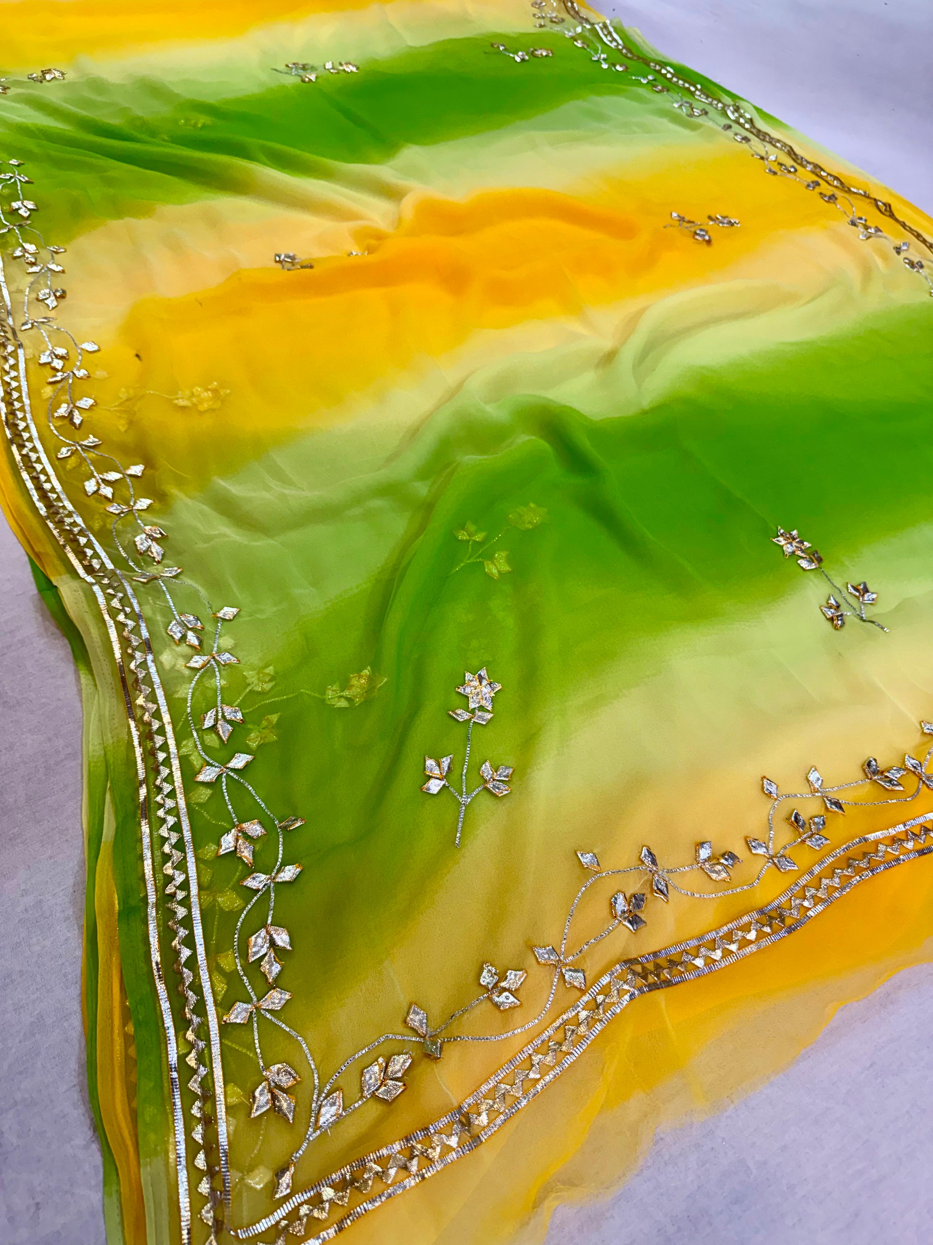 Beautiful Semi Chiffon Multi Dye Saree With Gottapatti Work