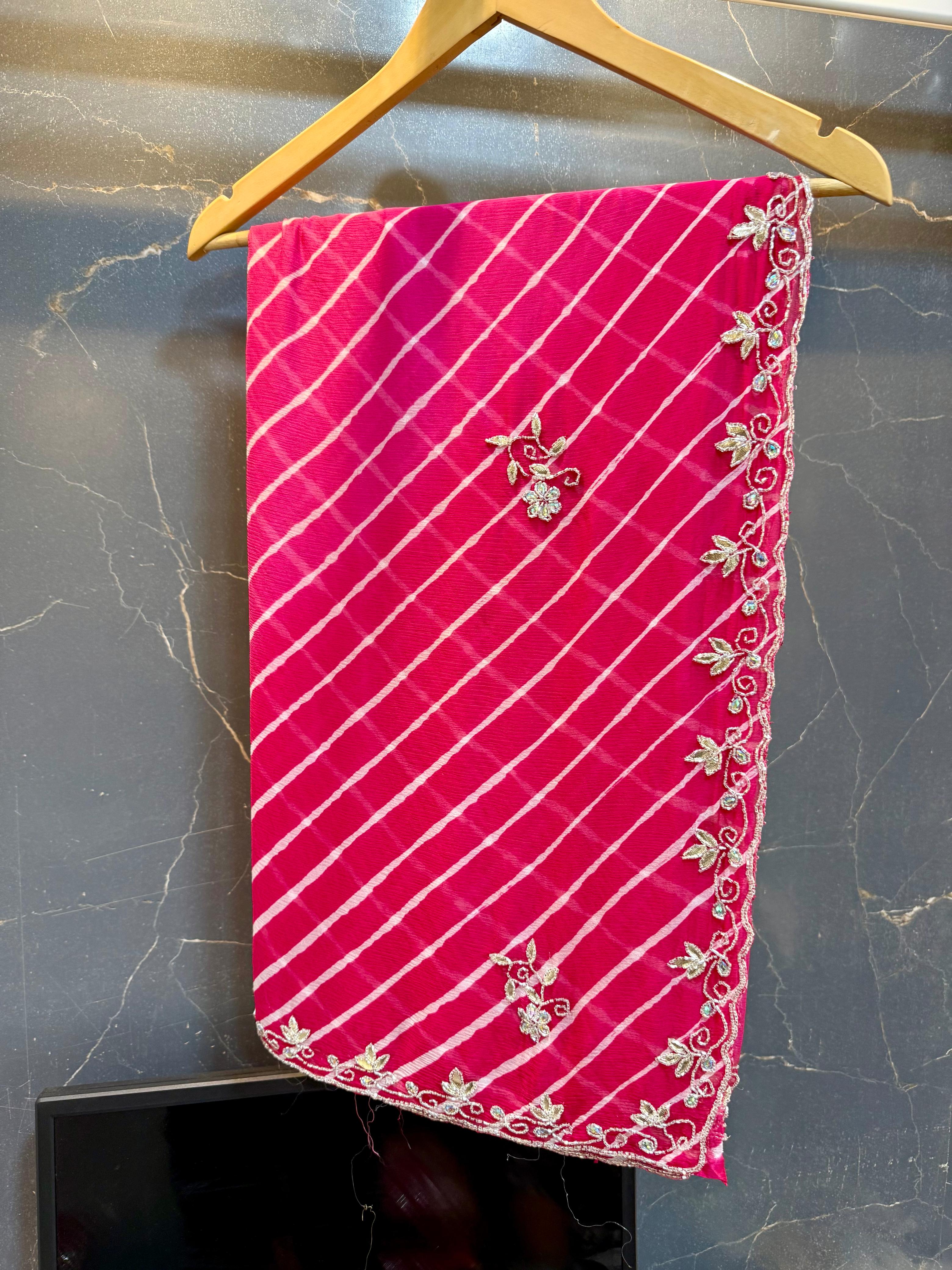 Beautiful Semi Chiffon Lahriya Saree With Handwork