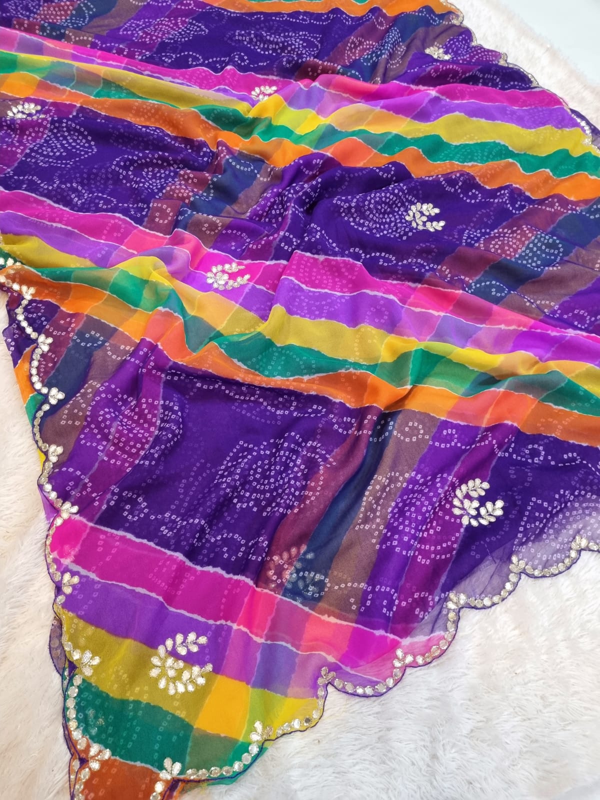 Beautiful Georgatte Weight Less Febric Lahriya Saree With Handwork